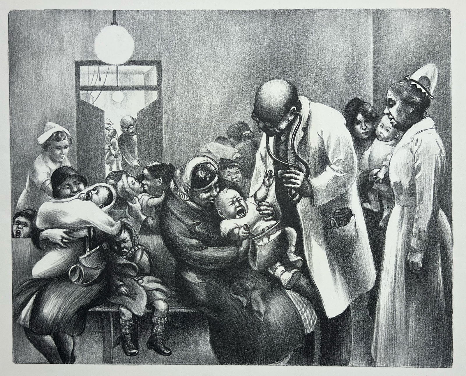 Mabel Dwight "Children's Clinic": 1936, Lithograph. Plate: 9.5 x 12 inches. Sheet: 13 x 18 inches.