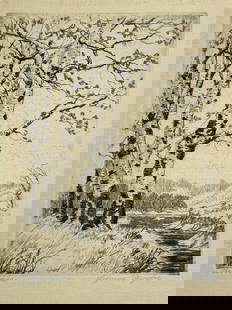 Lyman Byxbe "Birches": Etching. Plate: 5 x 3.75 inches. Sheet: 8 x 6 inches. Signed lower right, titled lower left