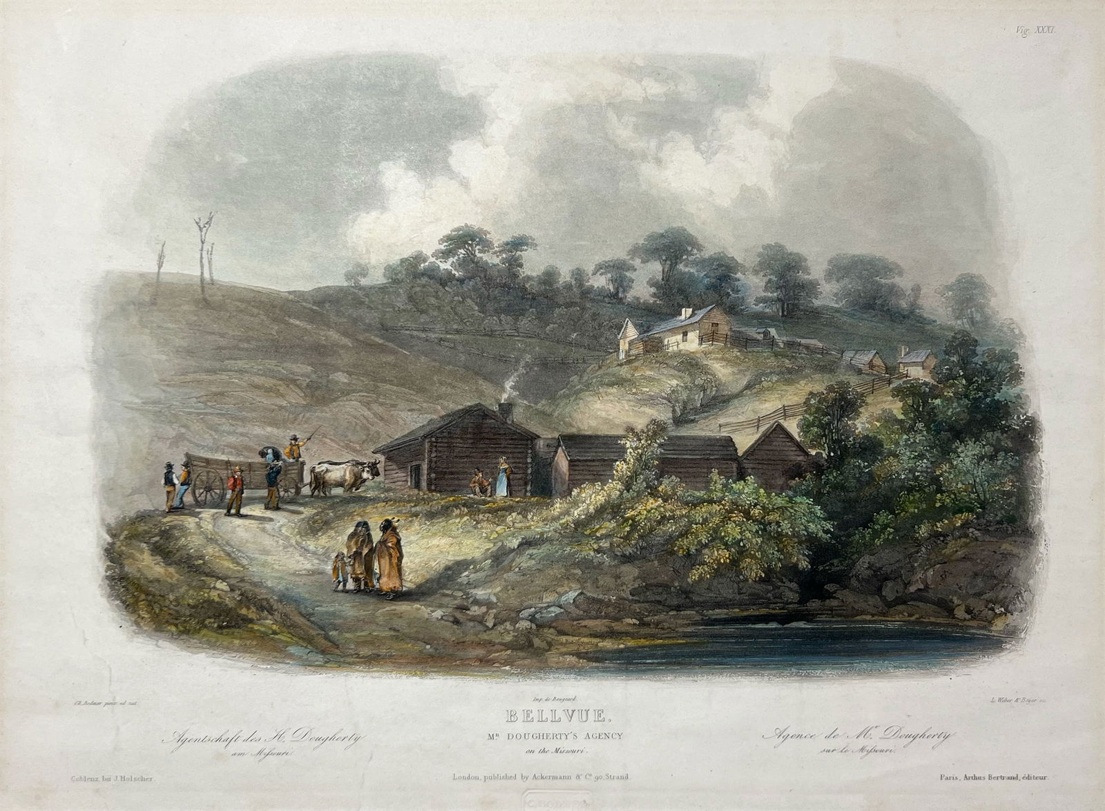 Karl Bodmer "BELLVUE MR. DOUGHERTY'S AGENCY ON THE MISSOURI": c. 1840. Hand-colored aquatint engraving. From Bodmer's Travels in the Interior of North America. Plate Size: 9.5 x 12.5 inches. Sheet Size: 11.5 x 15.5 inches