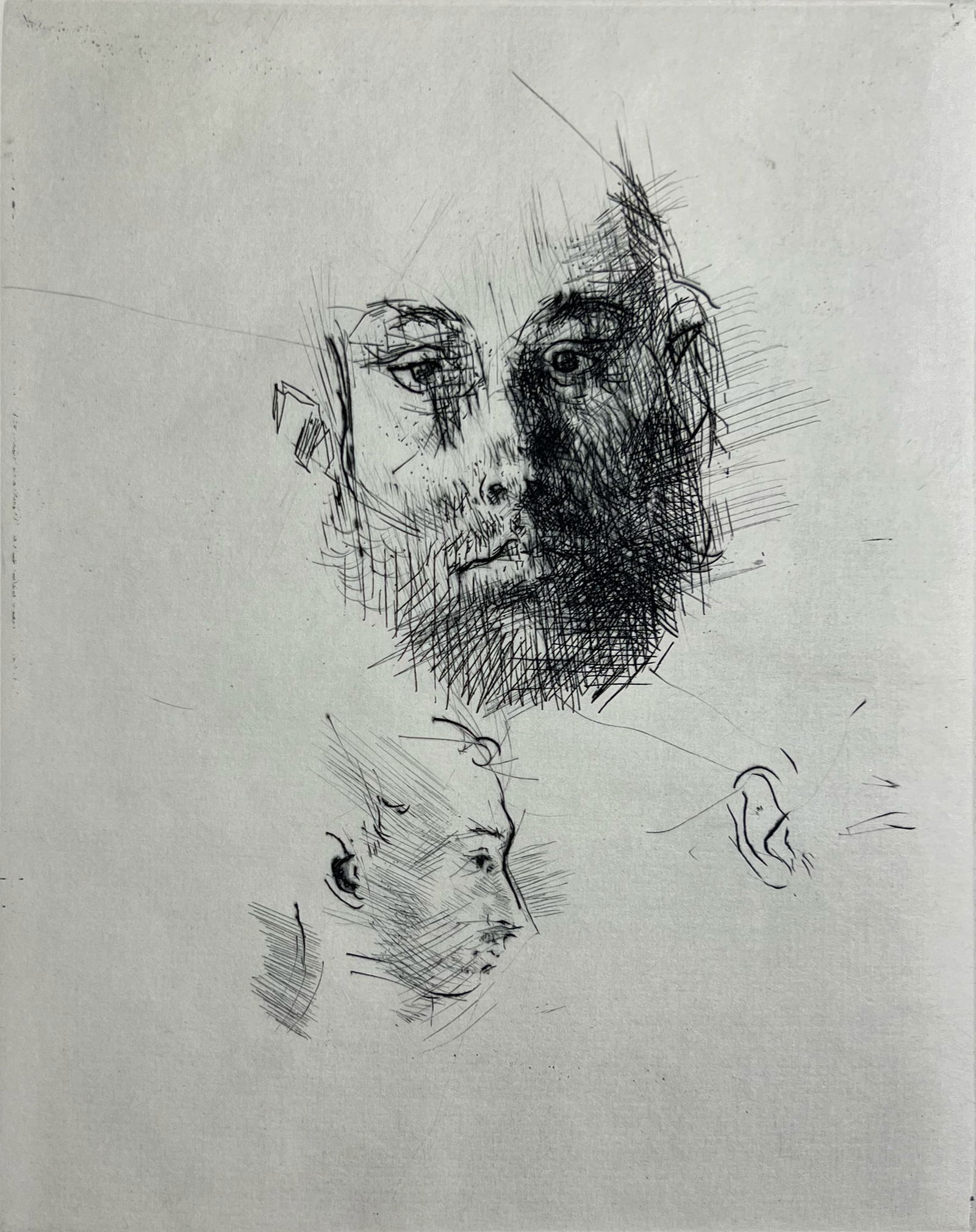 Jack Levine "Studies of Heads": 1964, Drypoint and etching. Artist proof. Plate: 9.75 x 8 inches. Sheet: 18 x 12.5 inches. Signed lower right