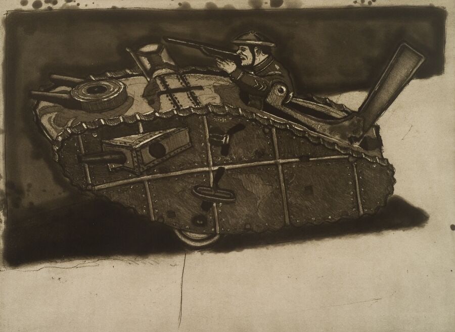 Robert Weaver "Toy Tank II": 1978, Etching. Framed. Edition 15/20. 17 x 24 inches, Framed dimensions: 23.5 x 29 inches. Signed and dated lower right "Robert Weaver '78" Titled lower middle "Toy Tank II" Numbered lower left