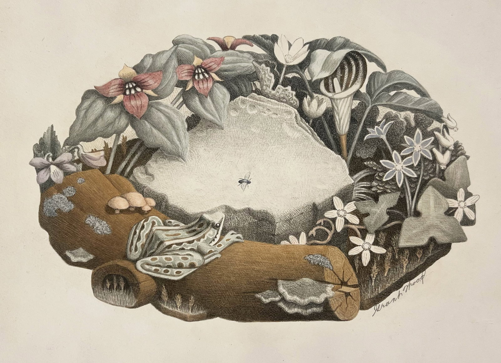 Grant Wood "Wildflowers": 1939, Lithograph and watercolor on paper. Signed lower right. Image: 6.75 x 9.75 inches. Paper size: 11.5 x 16 inches