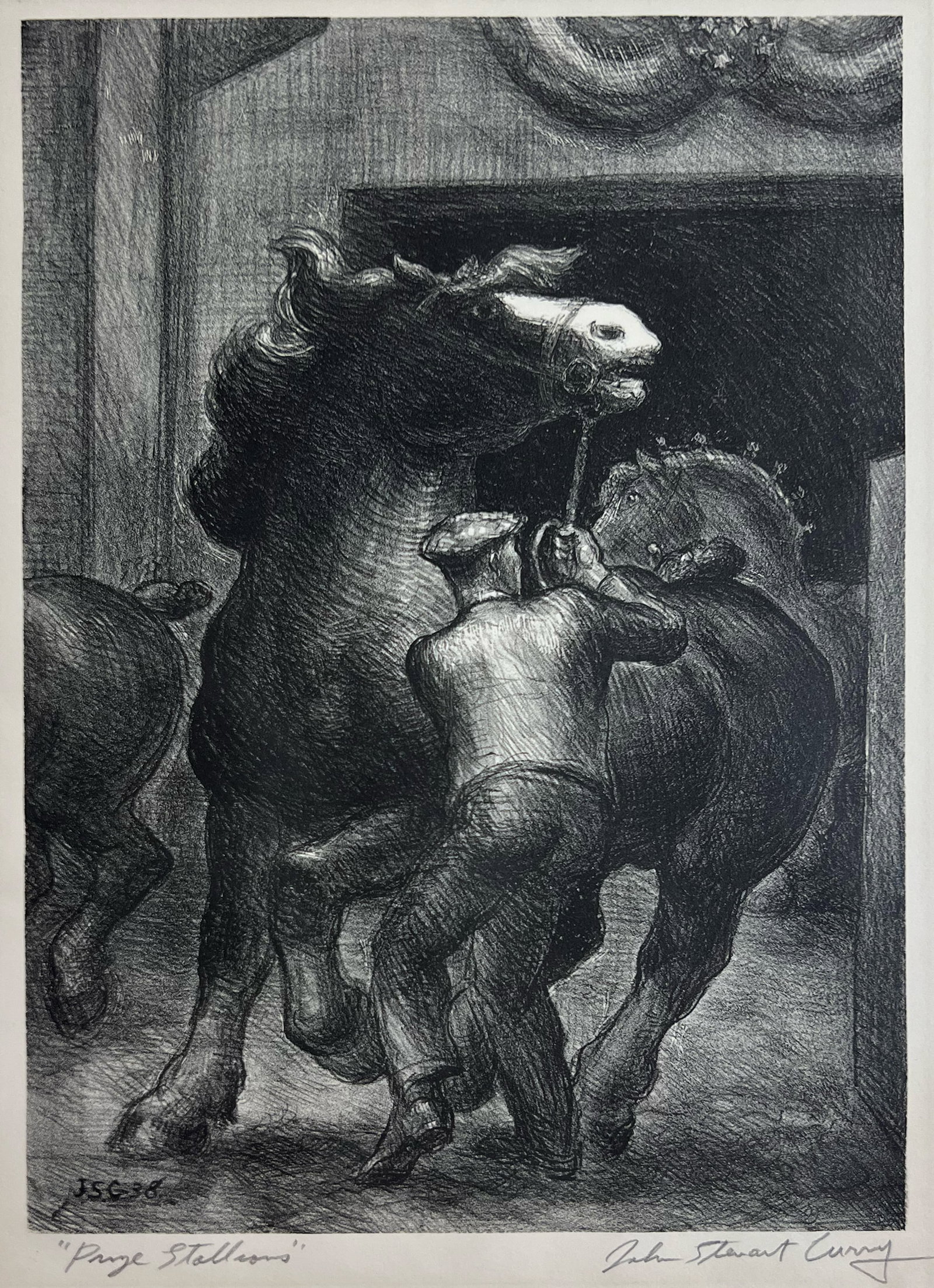 John Steuart Curry "Prize Stallions": 1938, Lithograph. Good condition. Signed in pencil lower right "John Steuart Curry" Titled in pencil lower left "Prize Stallions" Edition of 250 Published by Associated American Artists, New York. She