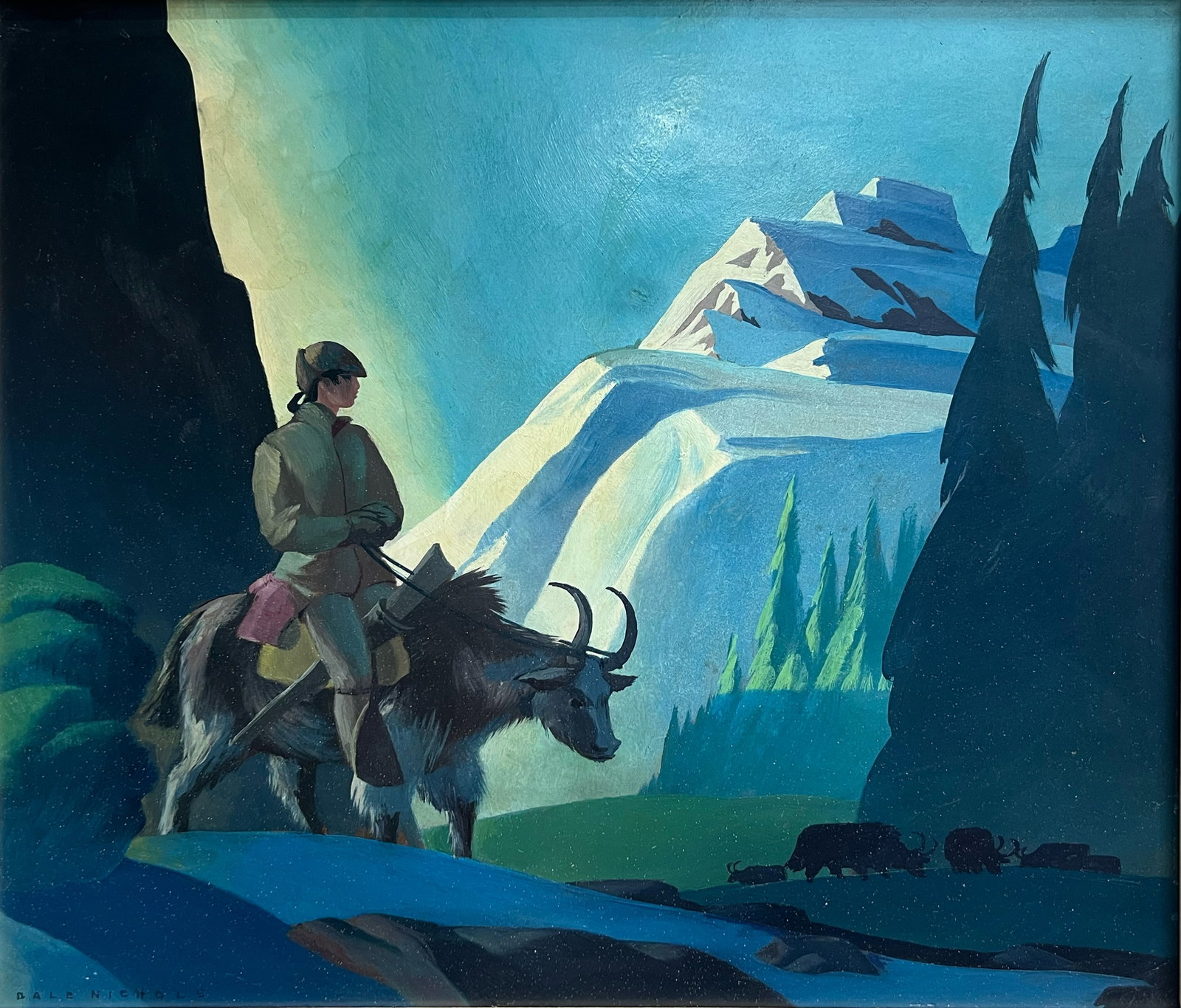 Dale Nichols "Cowboys of the World: Tibet": 1951, Oil on panel. Cover for The Morrell Magazine April 1951 Original painting commissioned by John Morrell & Co. for use on calendar. 14 x 16 inches. Signed lower left "Dale Nichols"