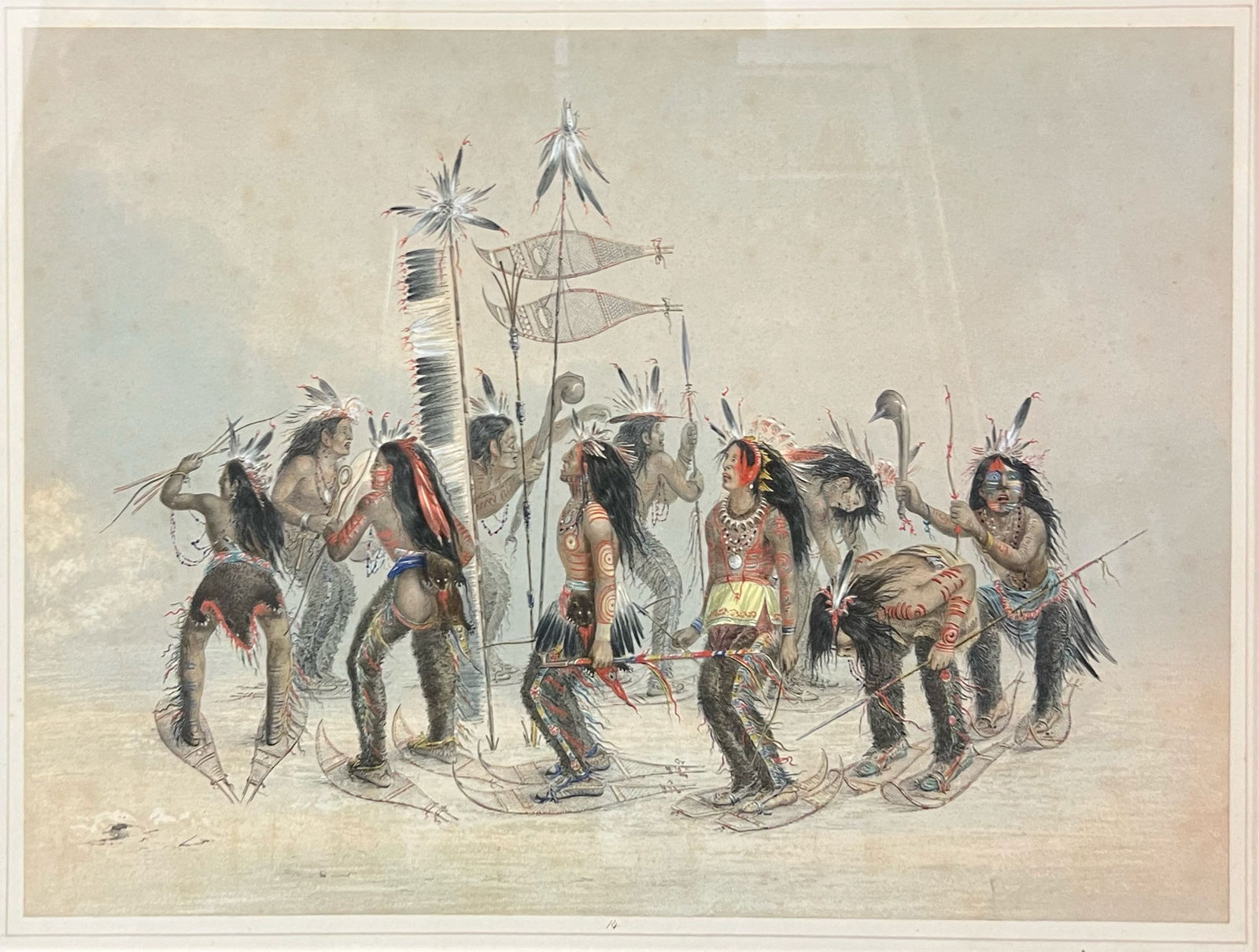 George Catlin "Snow-Shoe Dance": 1844, Hand colored lithograph. Deluxe edition. Framed.12 x 17.75 inches