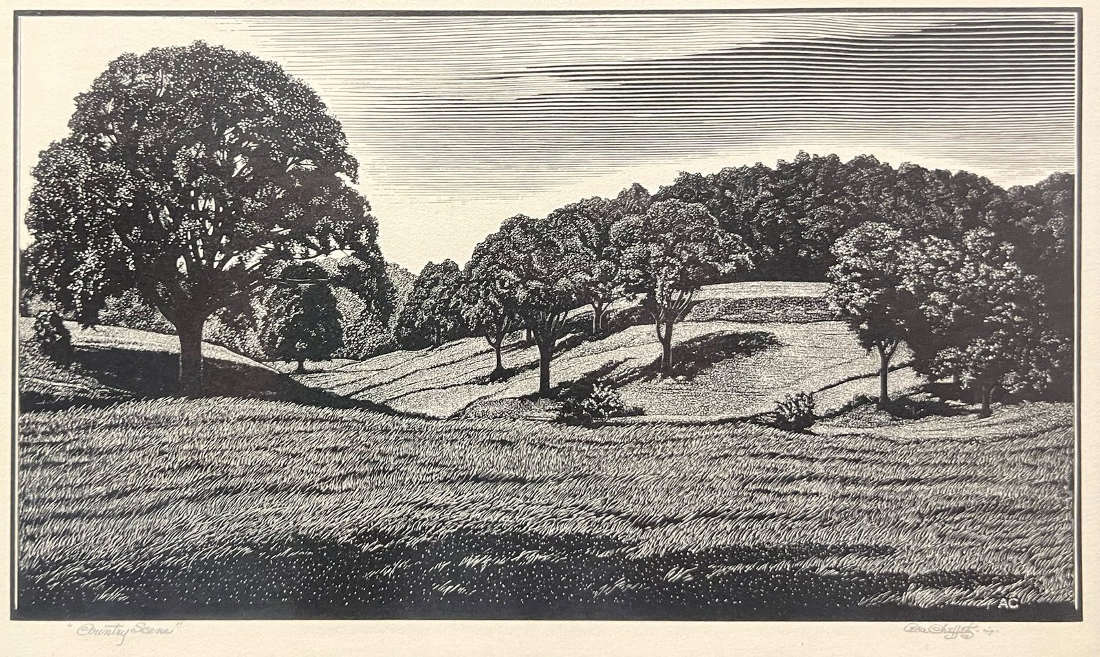 Asa Cheffetz "Country Scene": 1946, Wood engraving.Titled lower left, signed lower right. 5 x 9 inches