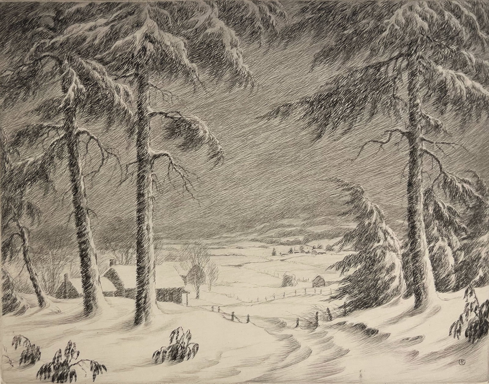 R. W. Woiceske "More Snow": Etching. Plate: 10 x 13 inches. Sheet: 13.75 x 17 inches. Signed lower right "R. W. Woiceske M. W. S."