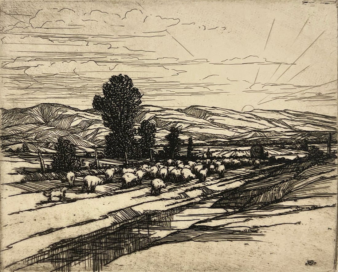 Hans Kleiber "Mountain and Sunrise": Etching. Plate: 6 x 7.75 inches. Sheet: 8.5 x 10.25 inches