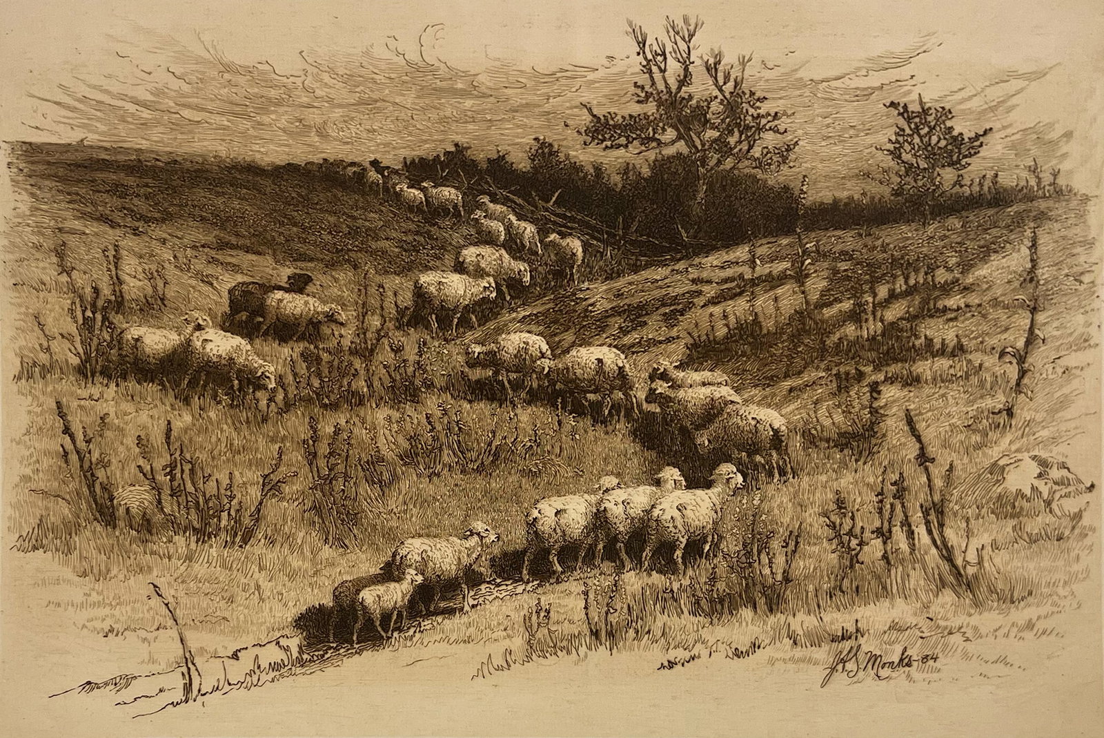 John Austin Monks "Crossing the River": Etching. Plate: 11 x 15.5 inches. Sheet: 15.5 x 22 inches. Signed in plate