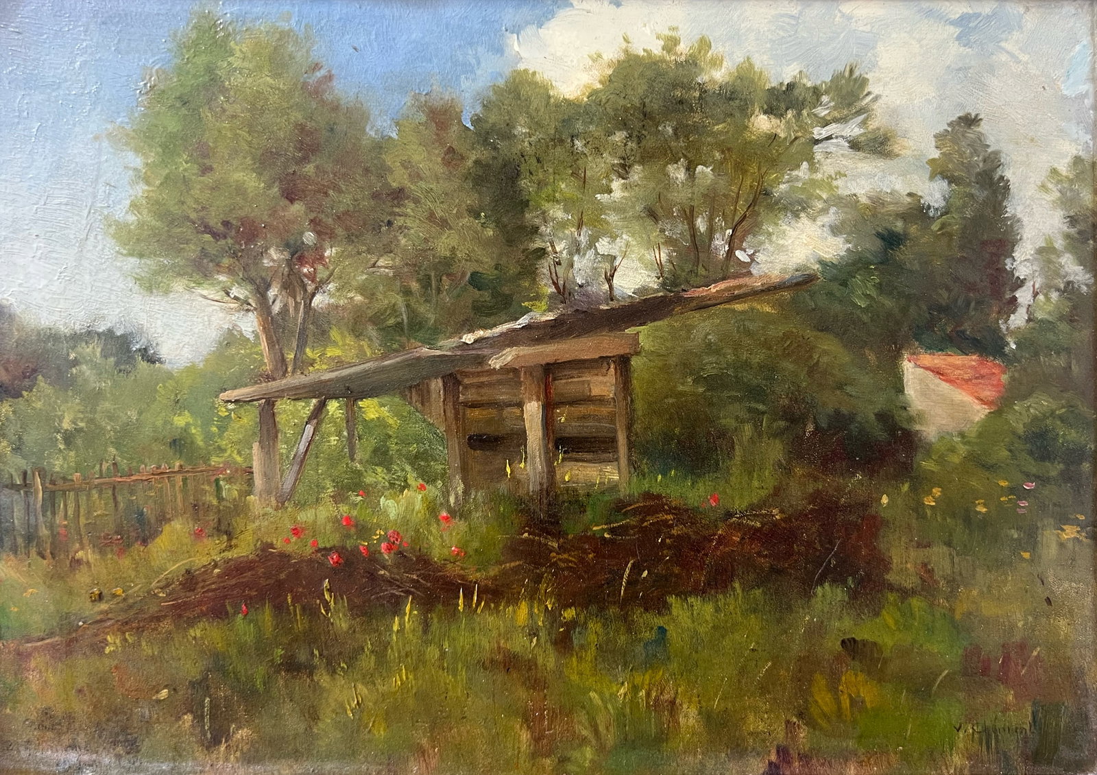 Armand Lucien Clement "Untitled (Landscape)": Oil on panel. Framed Labels: "Boulogne, Seine-et-Marne, 29 July, 1910 Armand Lucien Valentin Clement Born in Paris in the 19th century Societaire des Artistes Francais from 1888. First shown at the