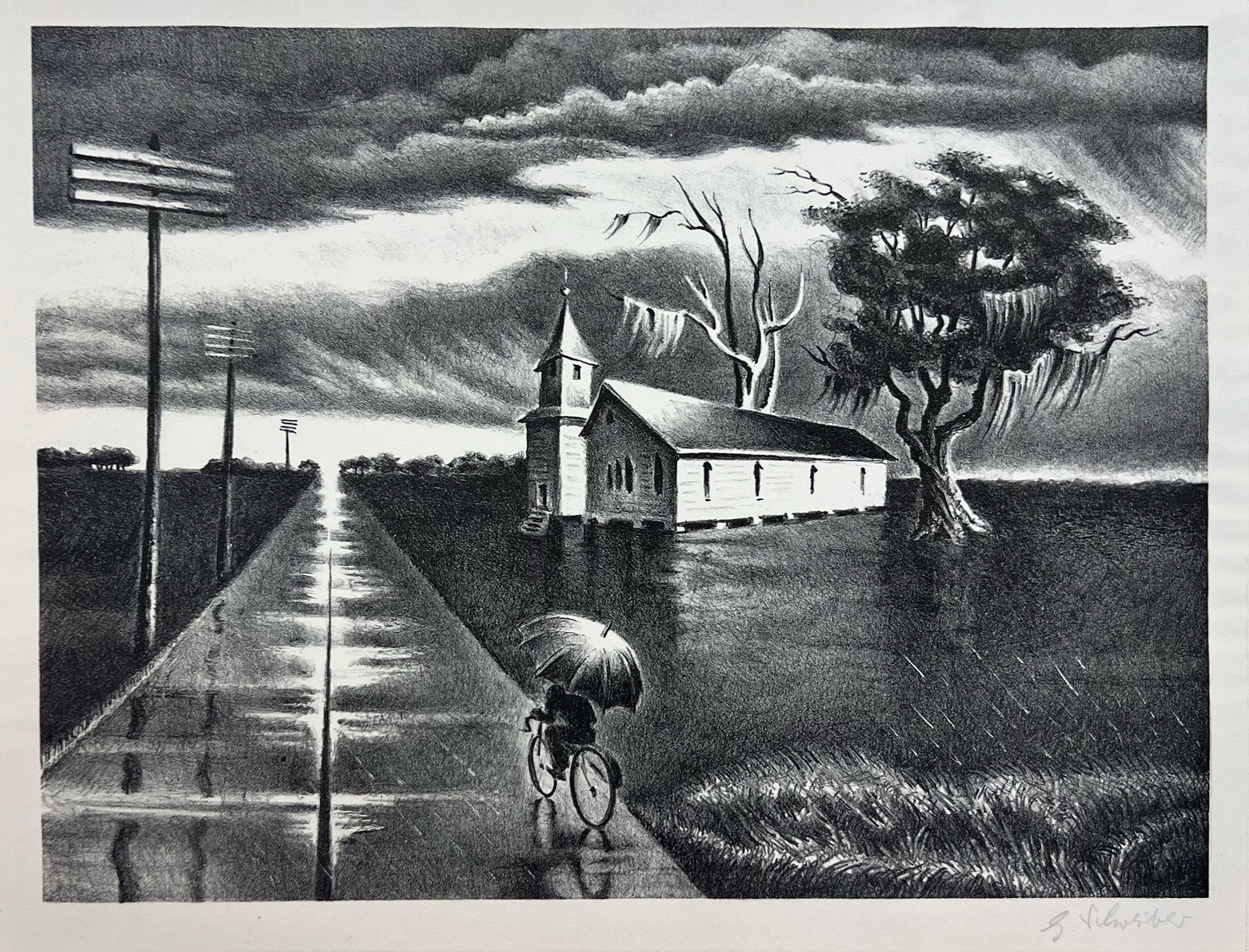 Georges Schreiber "Rainy Day": 1943. Lithograph. Plate: 9.75 x 13 inches. Sheet: 12.5 x 16.5 inches. Signed lower right.