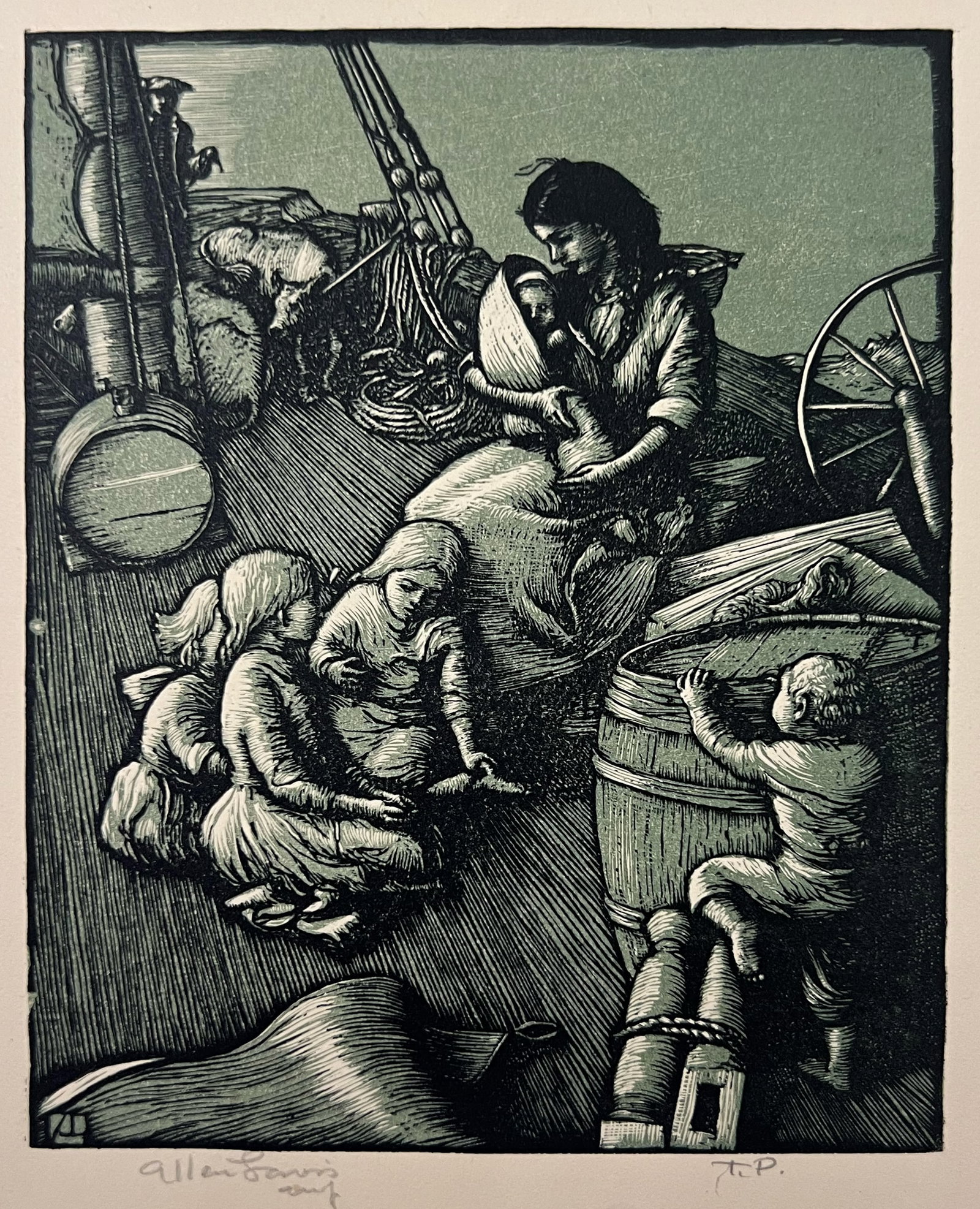 Allen Lewis "Immigrants": Color woodcut. Plate: 6 x 4.5 inches. Sheet: 9.5 x 12.5 inches. Signed lower left. "Trial Proof" lower right