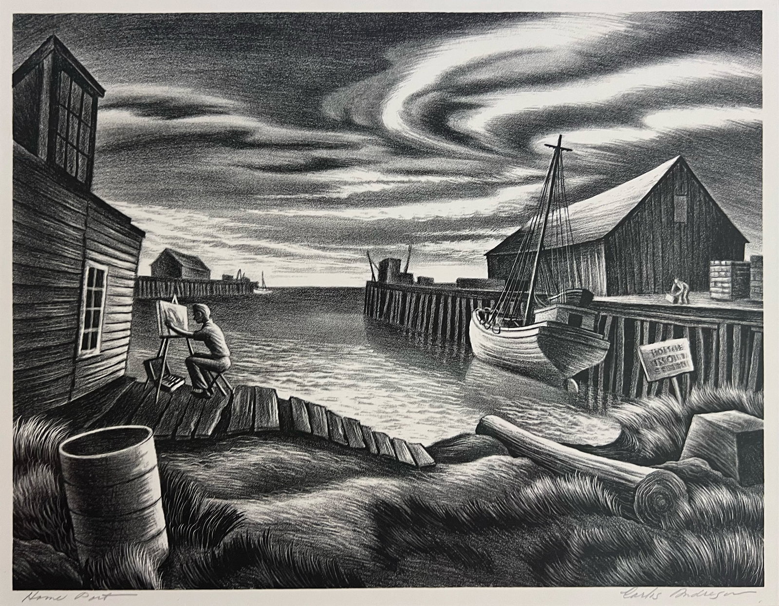 Carlos Anderson "Home Port": 1935/39. Lithograph. Framed. Plate: 10 x 13 inches. Frame: 17.5 x 20 inches. Titled lower left. Signed lower right.