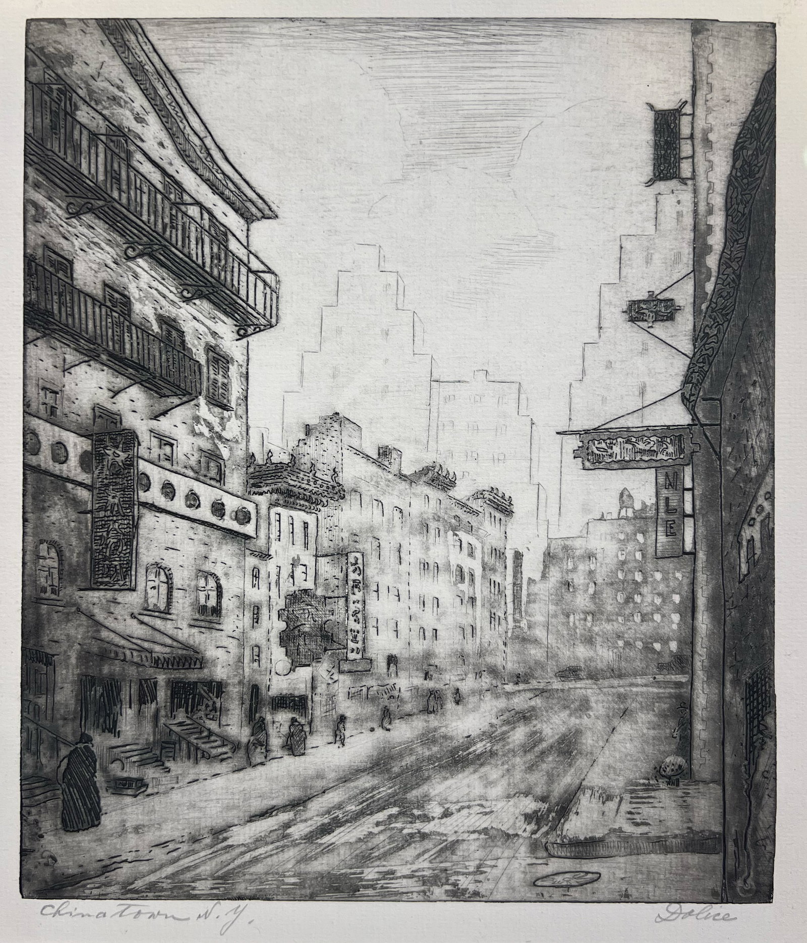 Leon Dolice "Chinatown": Etching. Framed. Plate: 9.5 x 8.25 inches. Frame: 17.75 x 15.75 inches. Signed lower right. Titled lower left.