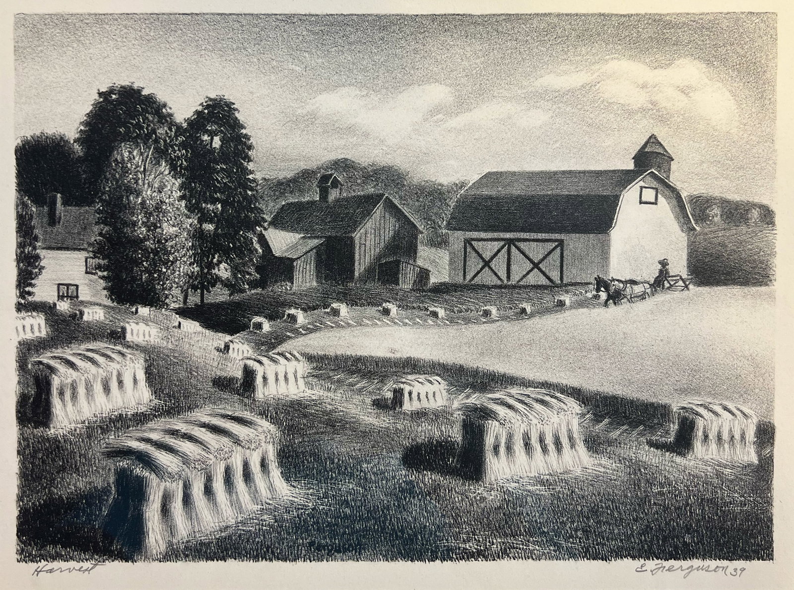 Ed Ferguson "Harvest Time": 1939, Lithograph. Framed. Plate: 8.5 x 11.75 inches. Frame: 16.5 x 19.5 inches. Signed lower right. Titled lower left