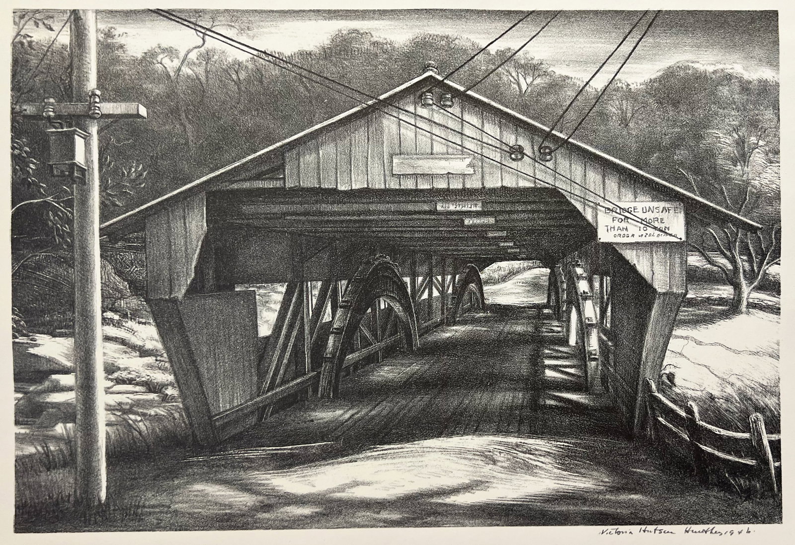 Victoria Huntley "Vermont Covered Bridge": 1946, Lithograph. Plate: 8.75 x 12 inches. Sheet: 12 x 16 inches. Signed and dated lower right.