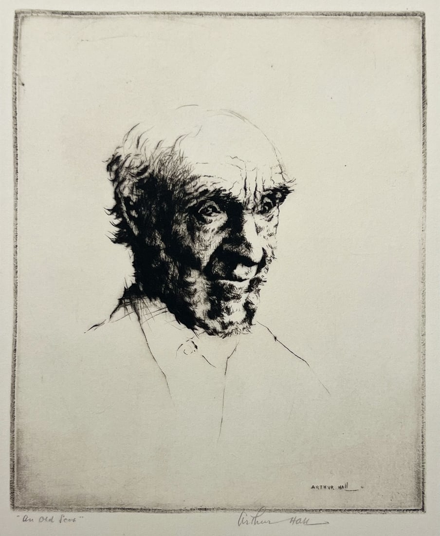 Arthur William Hall "Old Scot/Head of Fisherman": c. 1930. Etching. Plate: 7 x 5.75 inches. Sheet: 11 x 9 inches. Signed lower right. Titled lower left.