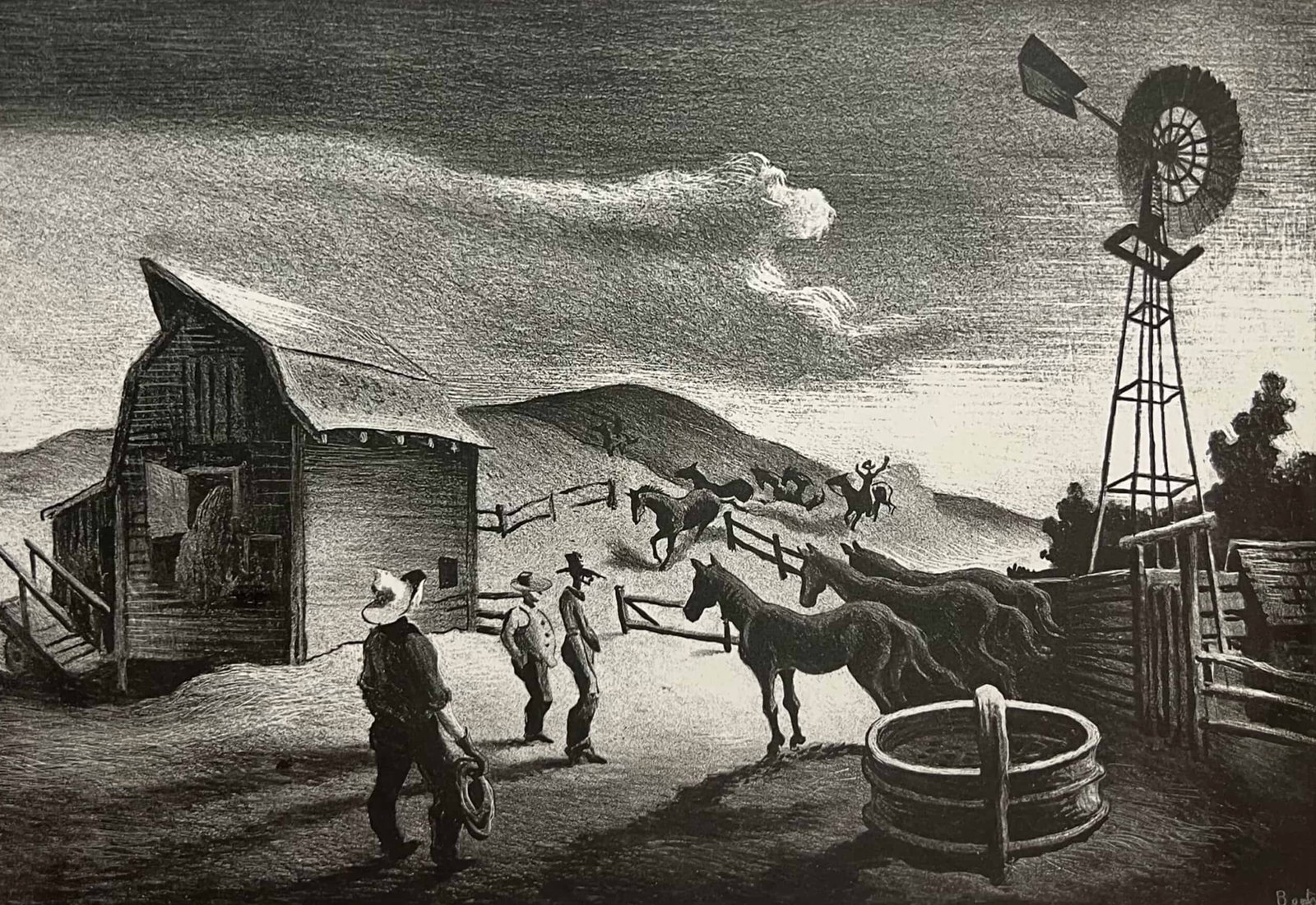 Thomas Hart Benton "The Corral": 1948, Lithograph. Signed in pencil lower right. Signed lower right. 9.5 x 13.75 inches.