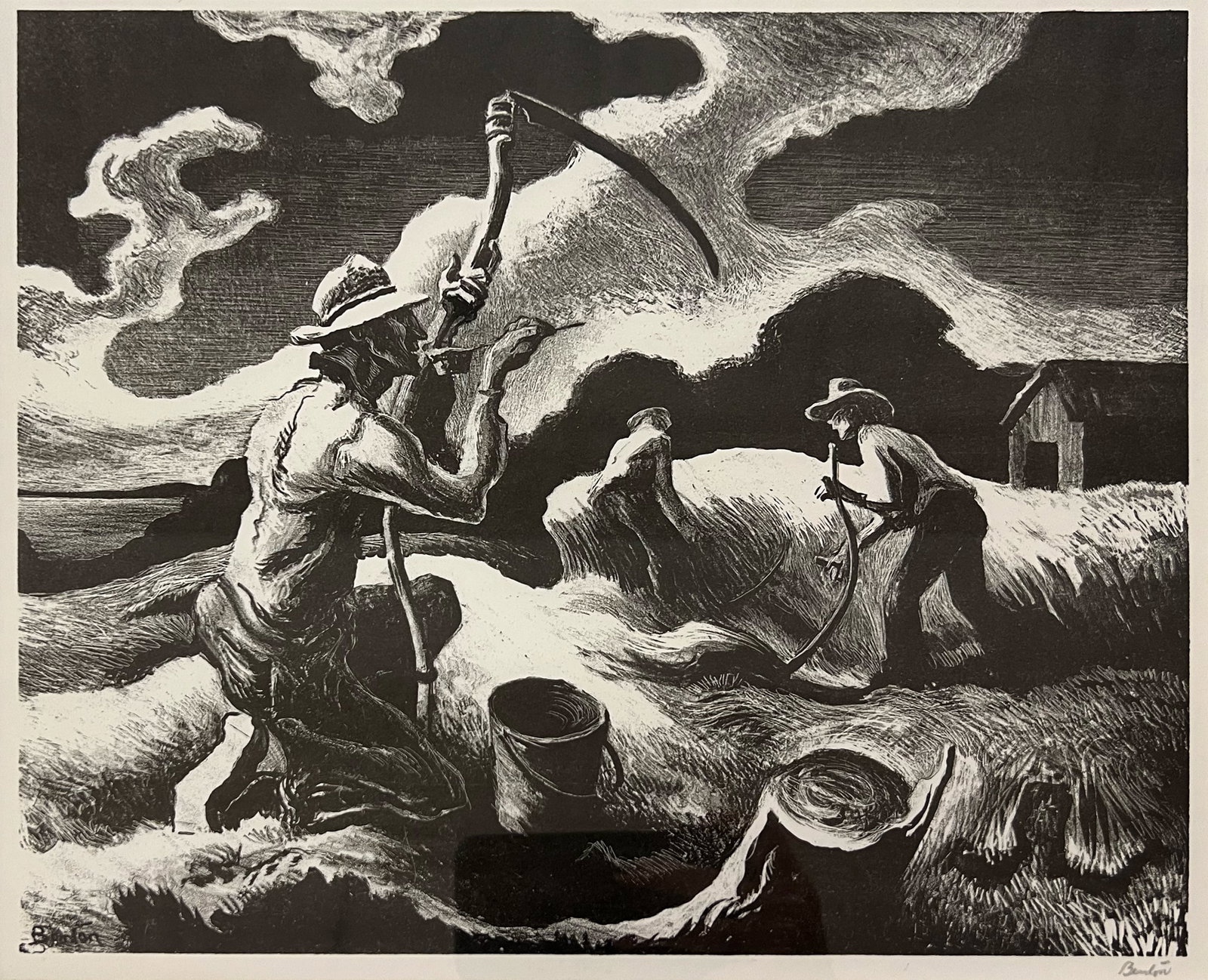 Thomas Hart Benton "Island Hay": 1945. Lithograph. Framed. Plate: 10 x 12.5 inches. Frame: 19 x 21.5 inches. Signed lower right