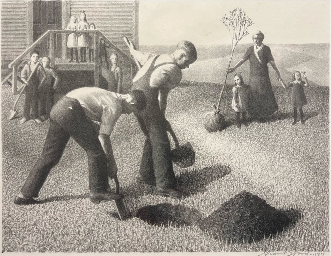 Grant Wood "Tree Planting Group": 1937, Lithograph. Framed. Plate: 8.25 x 10.75 inches. Signed and dated lower right