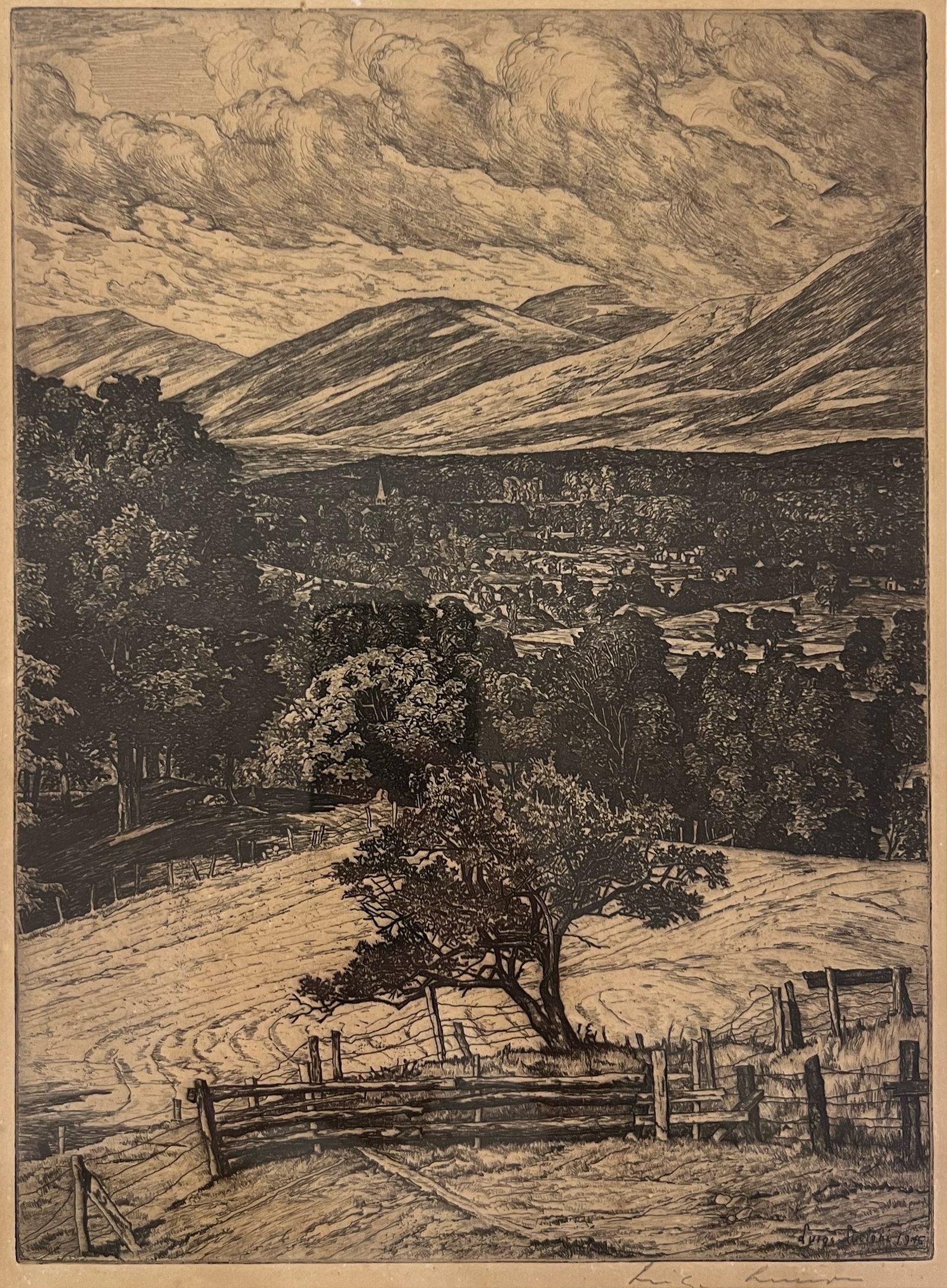 Luigi Lucioni "Steeple in the Mountains": 1946. Etching. Framed. Plate: 12 x 8.5 inches. Frame: 20 x 16 inches. Signed lower right