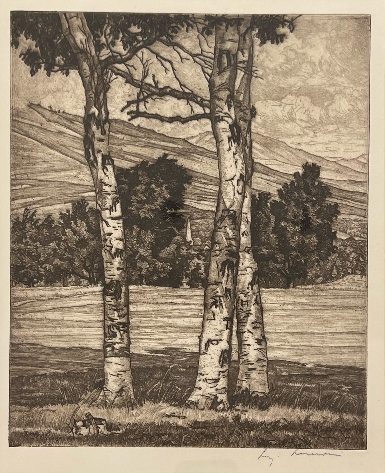Luigi Lucioni "The Tree Graces": 1950. Etching. Framed. Plate: 11 x 9 inches. Frame: 19.5 x 17 inches. Signed lower right