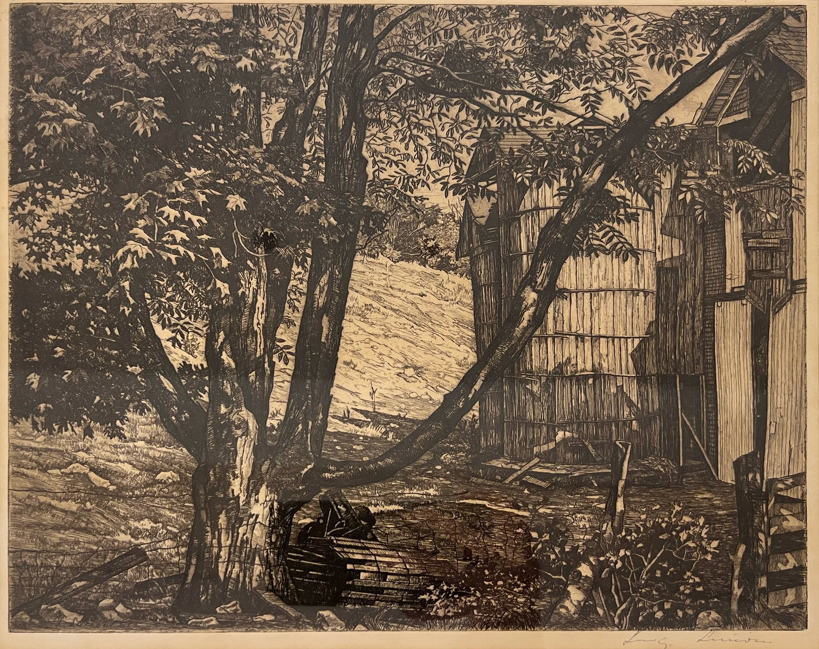 Luigi Lucioni "The Big Shadow": 1951, printed in 1952. Etching. Framed. Plate: 9.5 x 11 inches. Frame: 18 x 19 inches.Signed lower right.