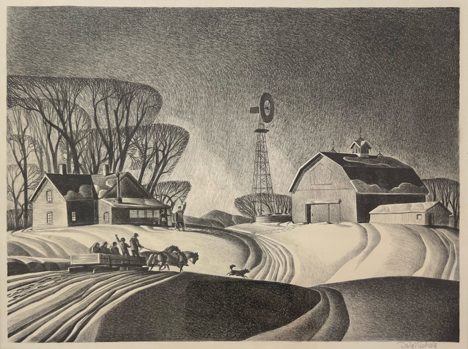 Dale Nichols "Company for Supper": 1948. Lithograph. Framed. Plate: 9.5 x 13.5 inches. Frame: 19 x 22.5 inches. Signed lower right