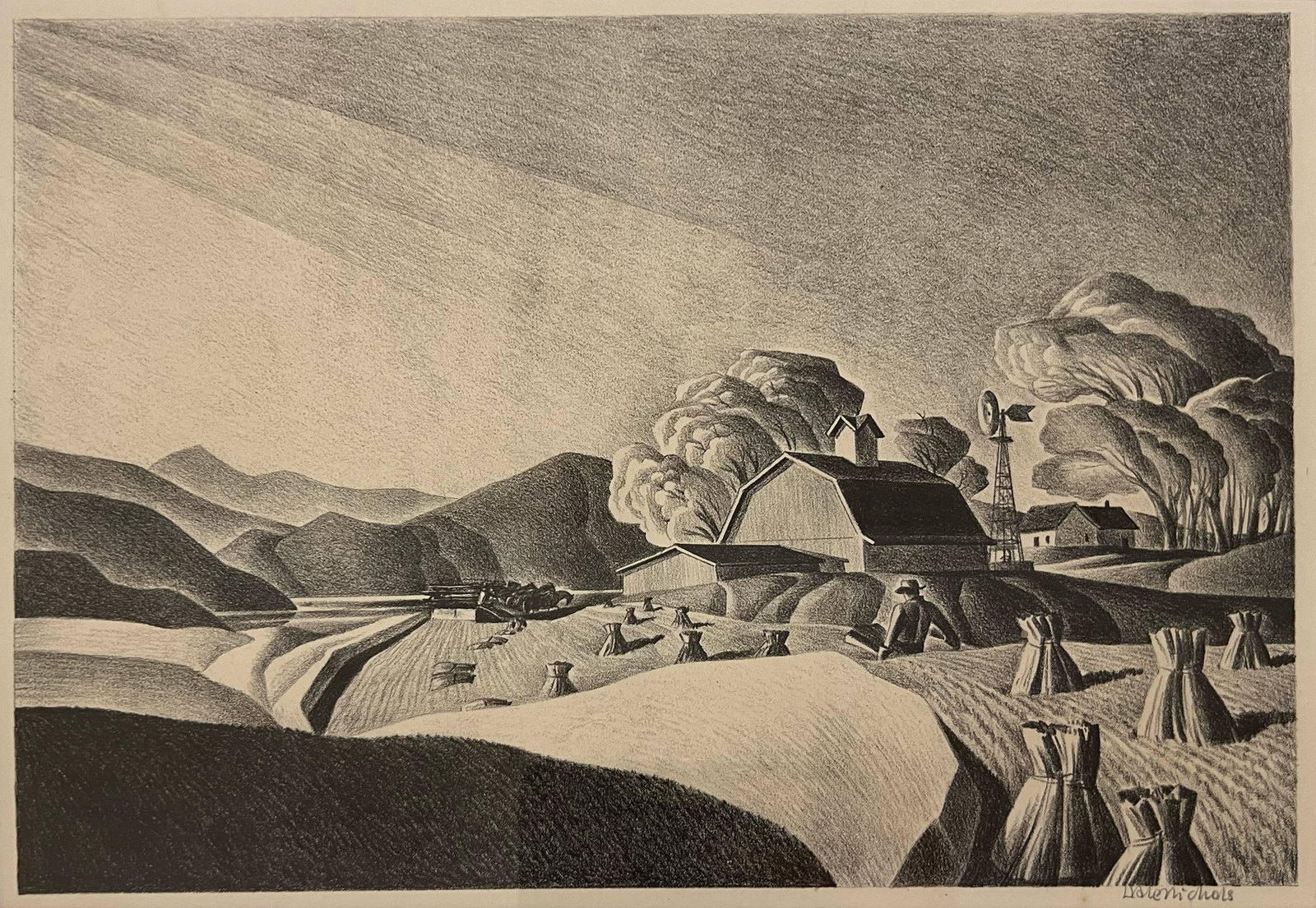 Dale Nichols "The Golden Harvest": 1948. Lithograph. Framed. Plate: 8 x 11.25 inches. Frame: 19 x 21 inches. Signed lower right.