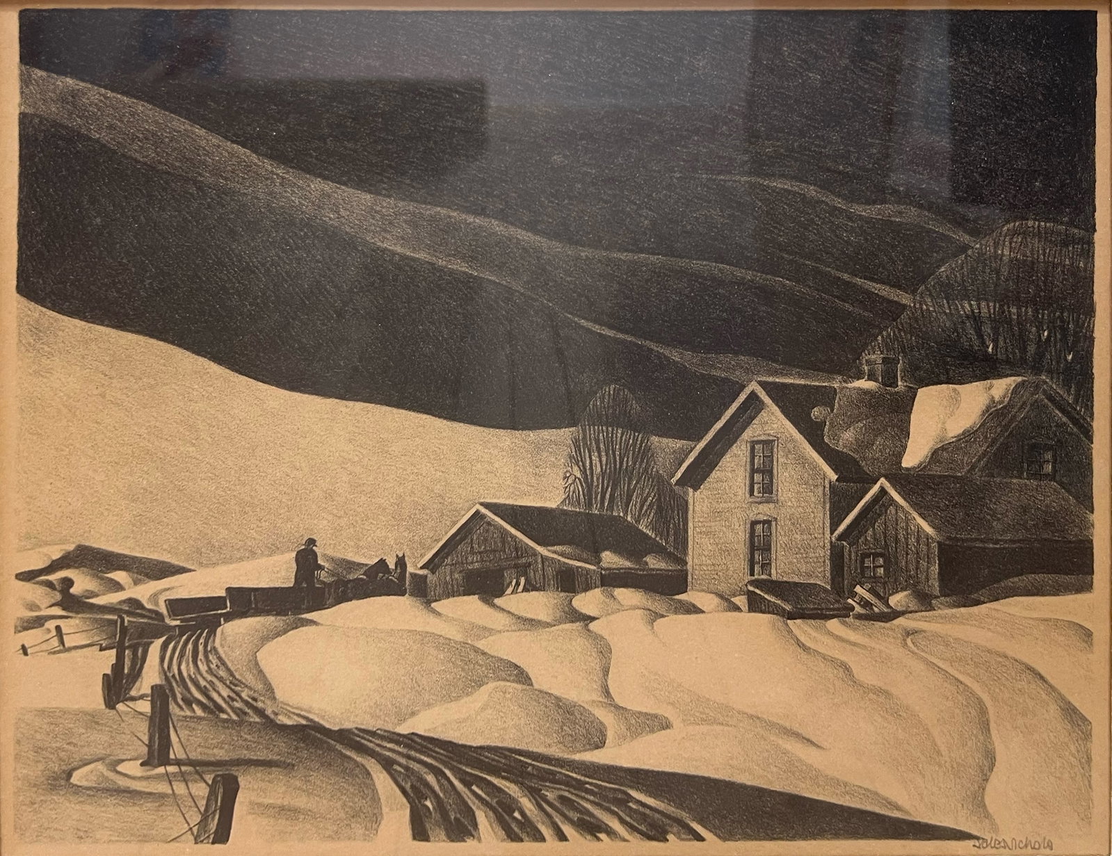 Dale Nichols "Midwest Morning": 1945. Lithograph. Framed. Plate: 9.5 x 13 inches. Frame: 19 x 21.5 inches. Signed lower right