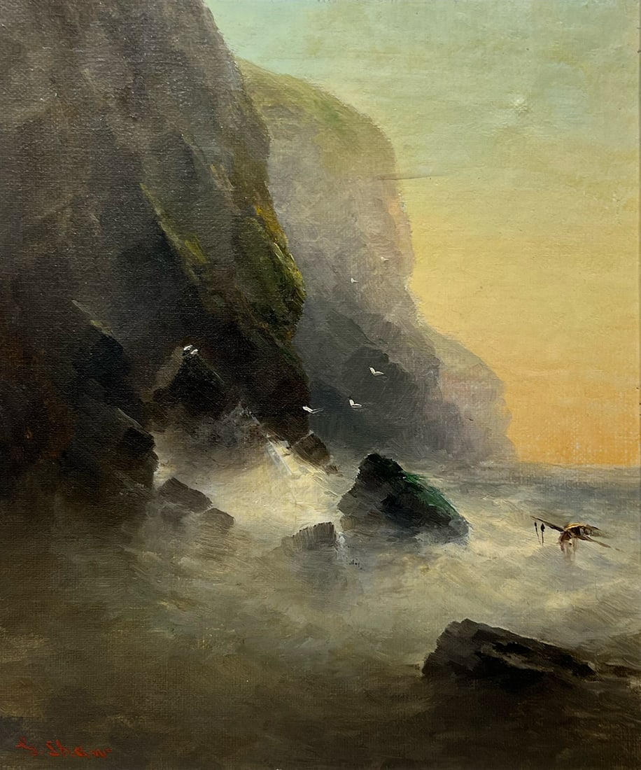 Walter James Shaw "Untitled (Coast)": Oil on canvas. Framed. Canvas: 12 x 10 inches. Frame: 19 x 17 inches. Signed lower left.