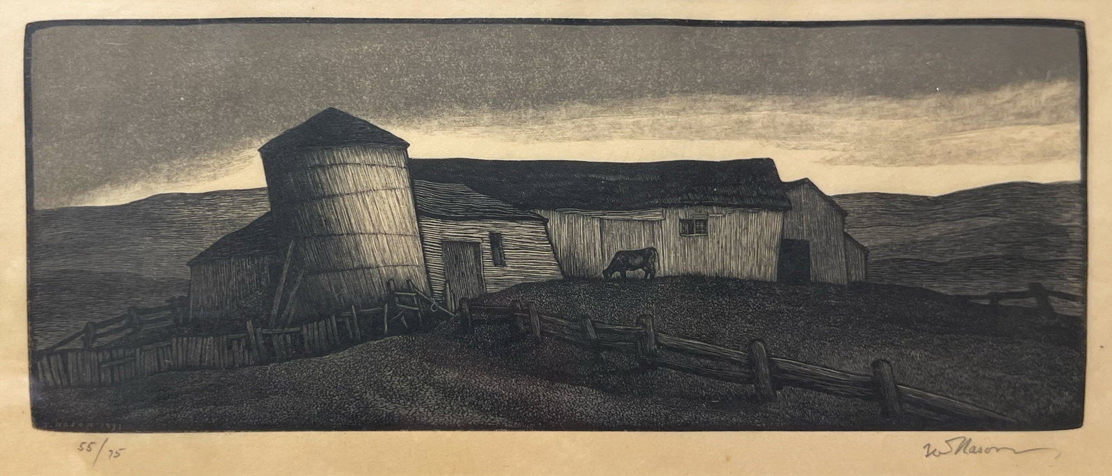 Thomas Nason "The Leaning Silo": Wood engraving. Edition 55/75. Framed. Plate: 4 x 9 inches. Frame: 13.25 x 19.5 inches. Editioned lower left. Signed lower right.
