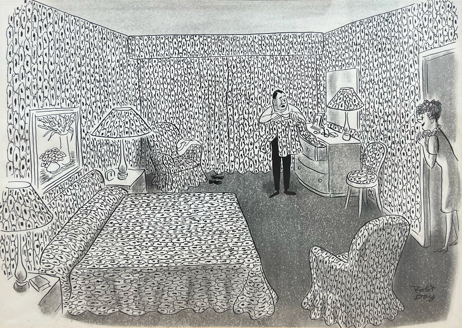 Robert Day "Good Girl, Marge!": 1965. Ink on paper. Framed. Image: 11.5 x 16.5 inches. Frame: 16.5 x 21 inches. Signed lower right.
