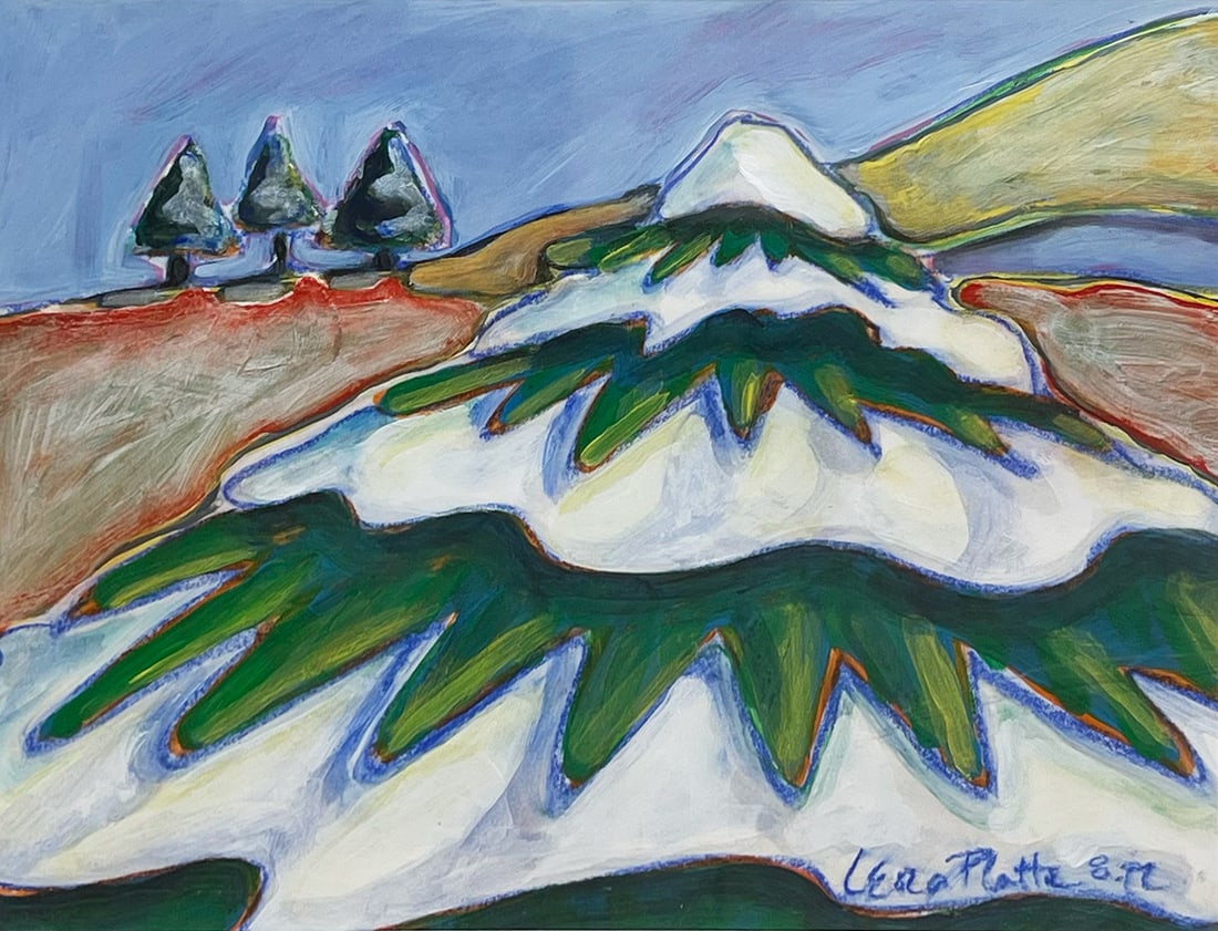 Leora Platte "Untitled (Winter Tree)": 1992. Gouache on paper. Framed. Sheldon Christmas Card. Image: 8.5 x 11.5 inches. Frame: 20 x 22 inches. Signed and dated lower right.