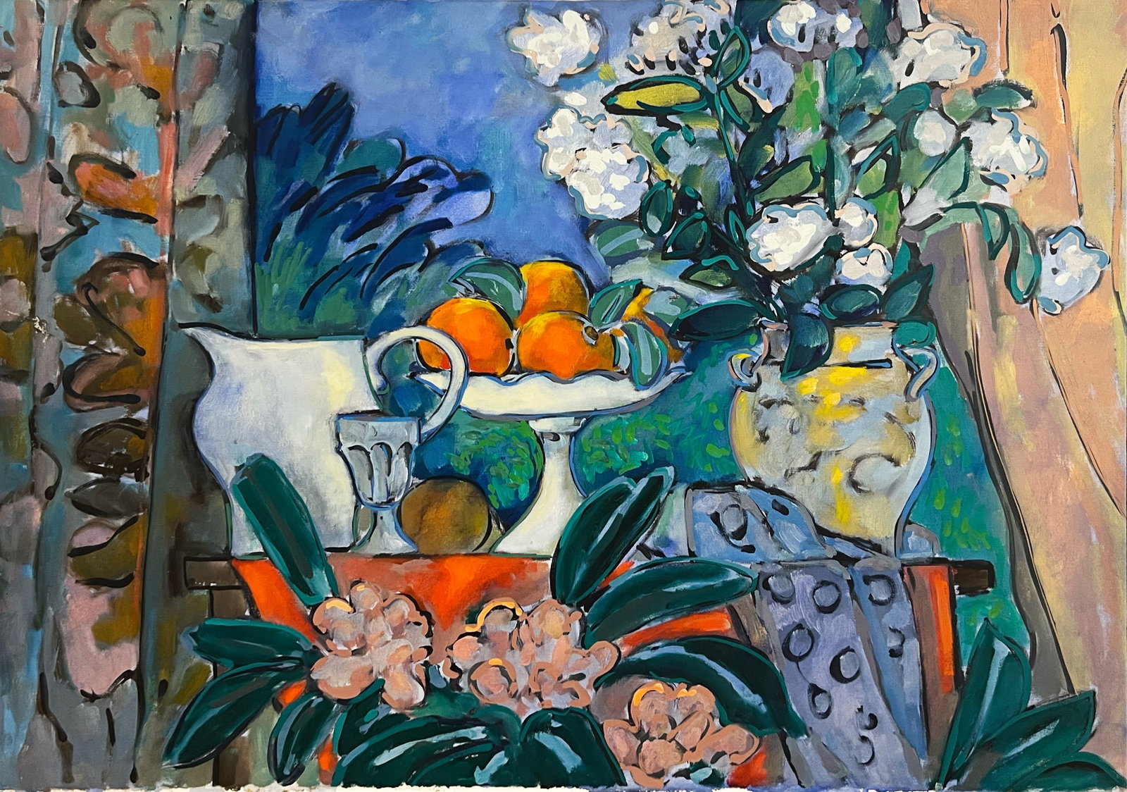 William Lyberis "Still Life with Flowers": Oil on canvas. Framed. Image: 32 x 42 inches. Frame: 34 x 44 inches.