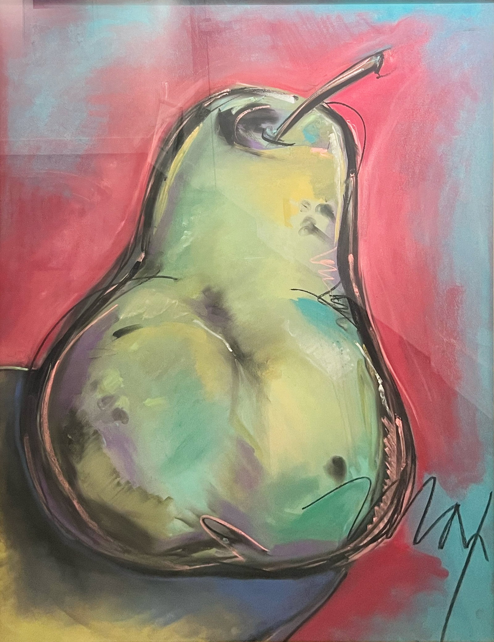 Peter Max "Pear": Pastel. Framed. Visible image: 39 x 30 inches. Frame: 48 x 38 inches. Signed lower right "Max"