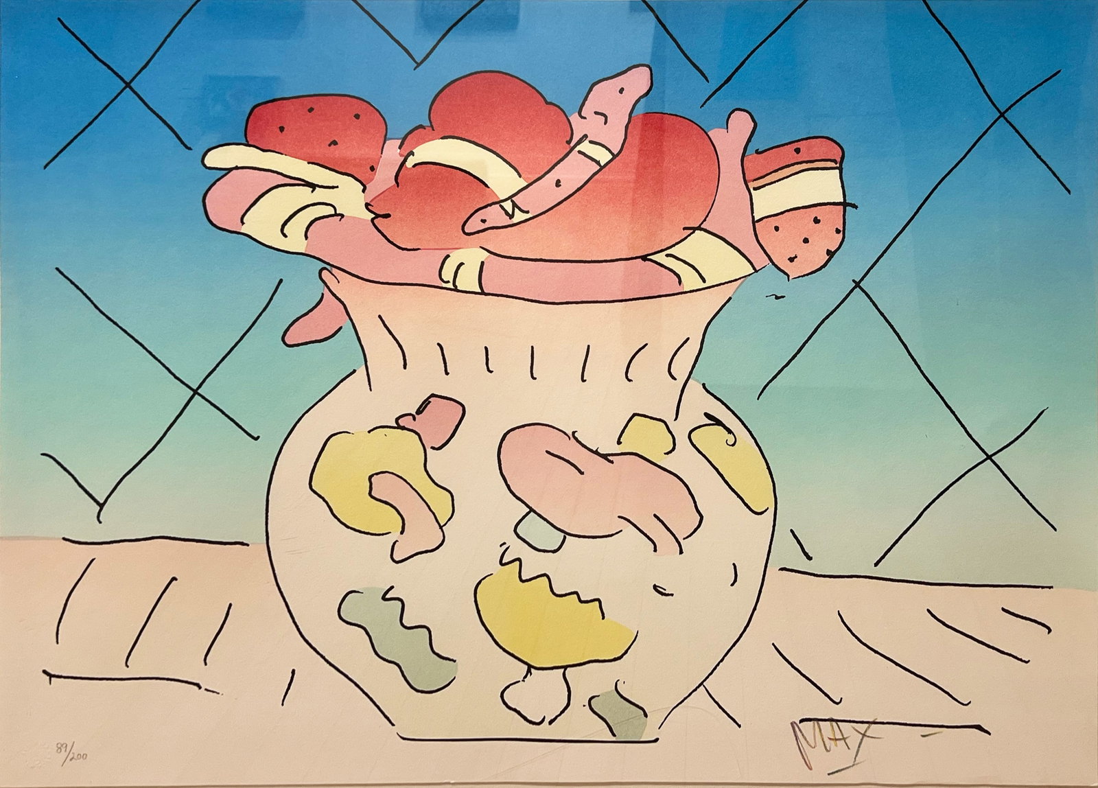 Peter Max "Red Vase": 1982. Color lithograph. Framed. Edition 89/200. Image: 21 x 30 inches. Frame: 32.5 x 41.5 inches. Signed lower right. Editioned lower left.