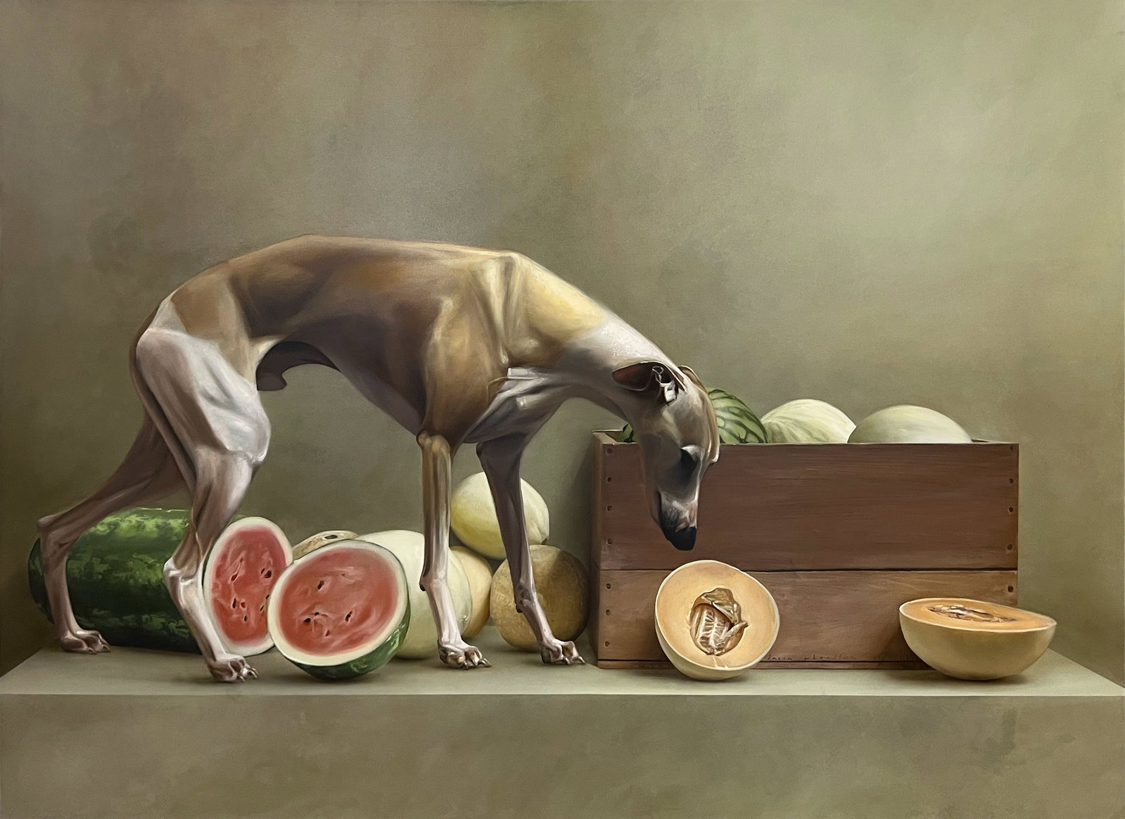 Jason Wheatley "Fruit Inspector": Oil on canvas. Framed. Image: 43.5 x 60 inches. Frame: 45 x 61.5 inches.