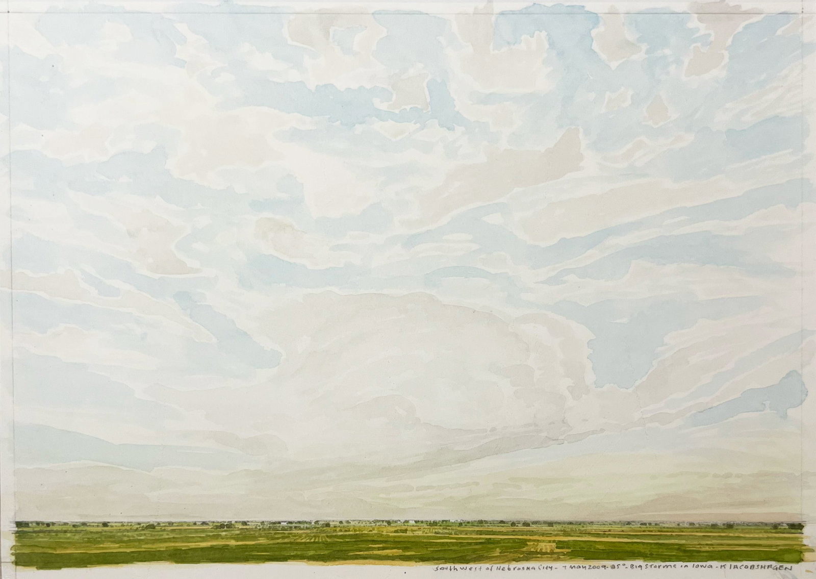 Keith Jacobshagen "Southwest of Nebraska City, 4 May 2009": 2009. Watercolor on paper. Framed. Titled, signed and dated lower right. Visible: 9.5 x 13 inches.