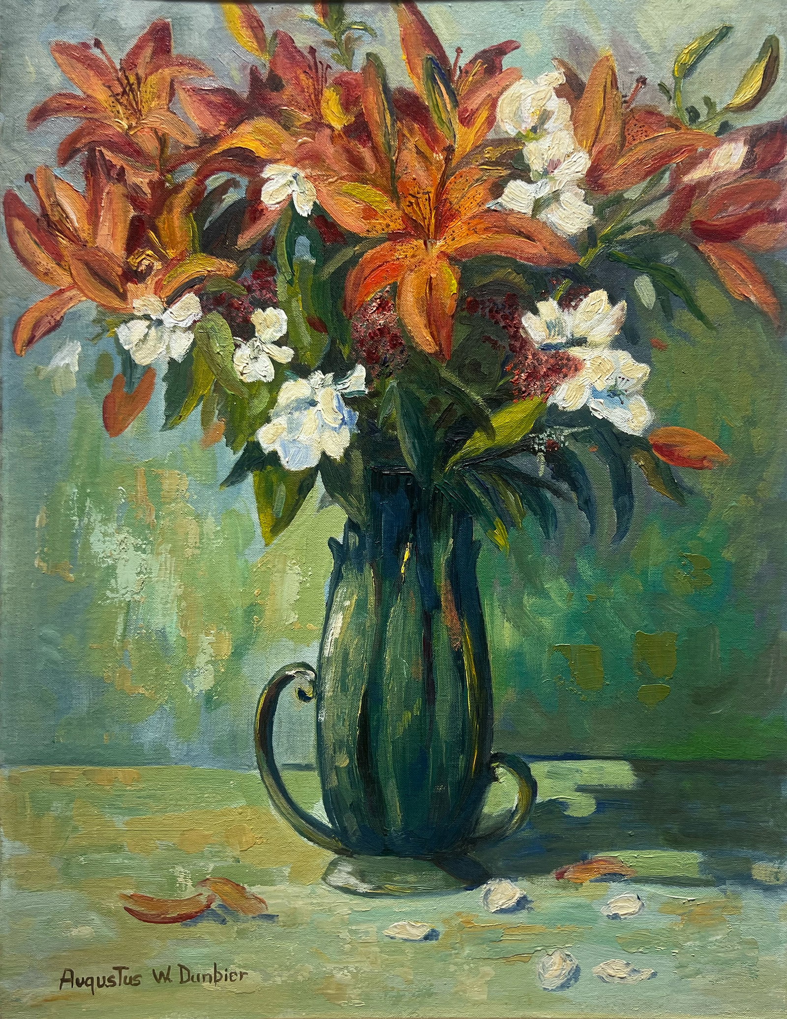Augustus Dunbier "Lilies": Oil on board. Framed. 24 x 18 inches. Frame: 27.5 x 21.5 inches. Signed lower left