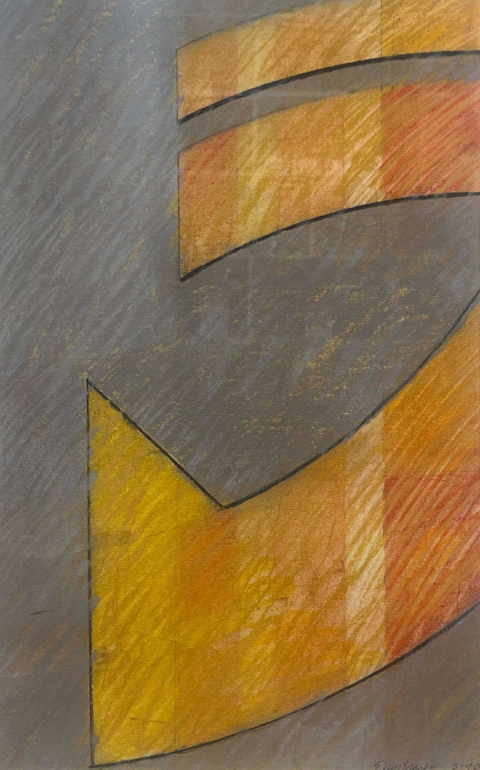 James Eisentrager "Untitled (Purple and Orange Composition)": 1989. Pastel and charcoal. Framed. Signed and dated lower right. 13 x 10 inches. Frame: 25.5 x 18 inches.
