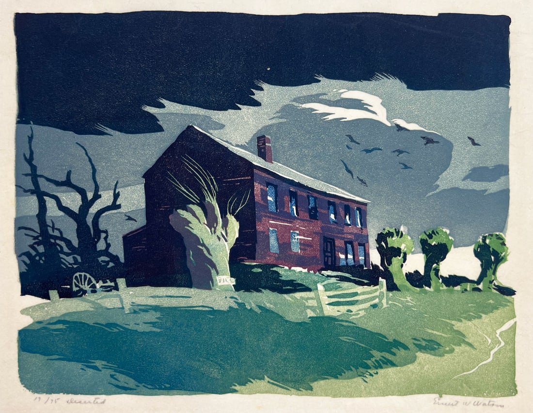 Ernest Watson "Deserted": Color woodcut. Editioned lower left 17/75. Titled lower left, signed lower right. Plate: 7.25 x 10 inches. Sheet: 10 x 12 inches