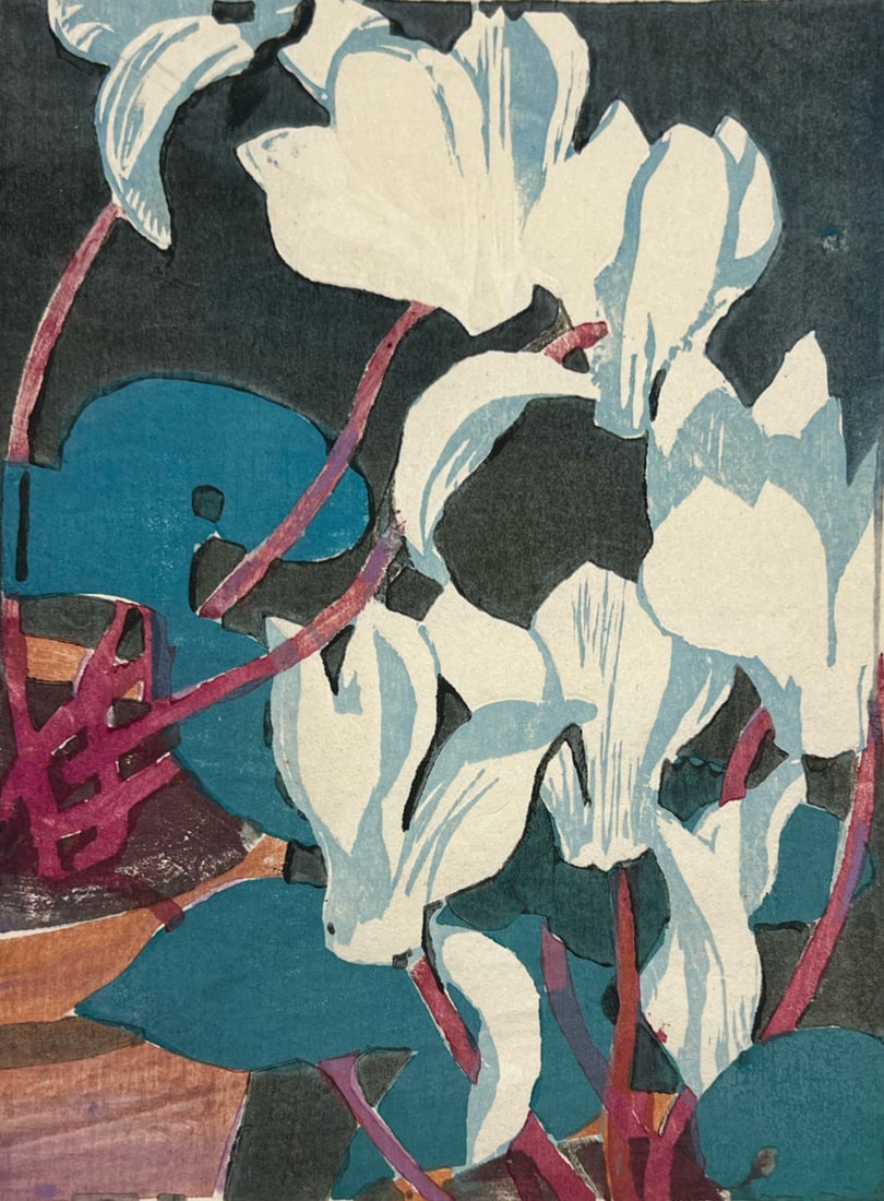 Mabel Royds "White Flowers": Color woodcut. Plate: 8 x 6.25 inches. Sheet: 9.25 x 7 inches. Signed lower left.