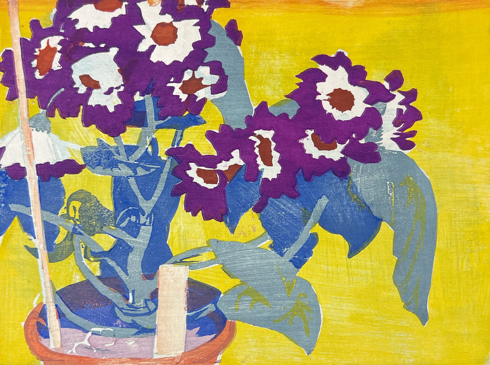 Mabel Royds "Purple Flowers": Color woodcut. Plate: 8 x 11 inches. Sheet: 10.5 x 12 inches. Signed lower right