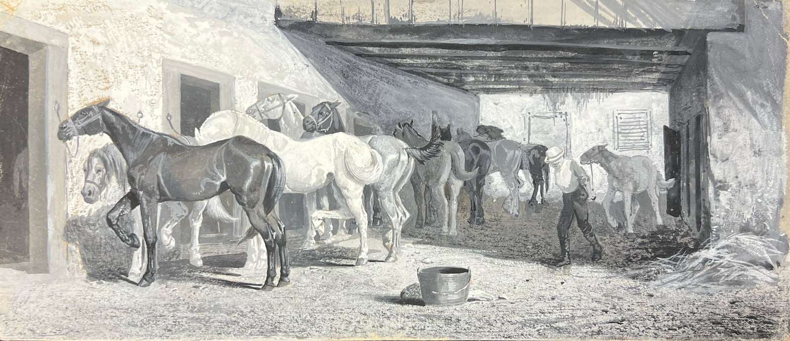Peter Moran "Horse Stable": c. 1880. Gouache on paper. 6 x 14 inches