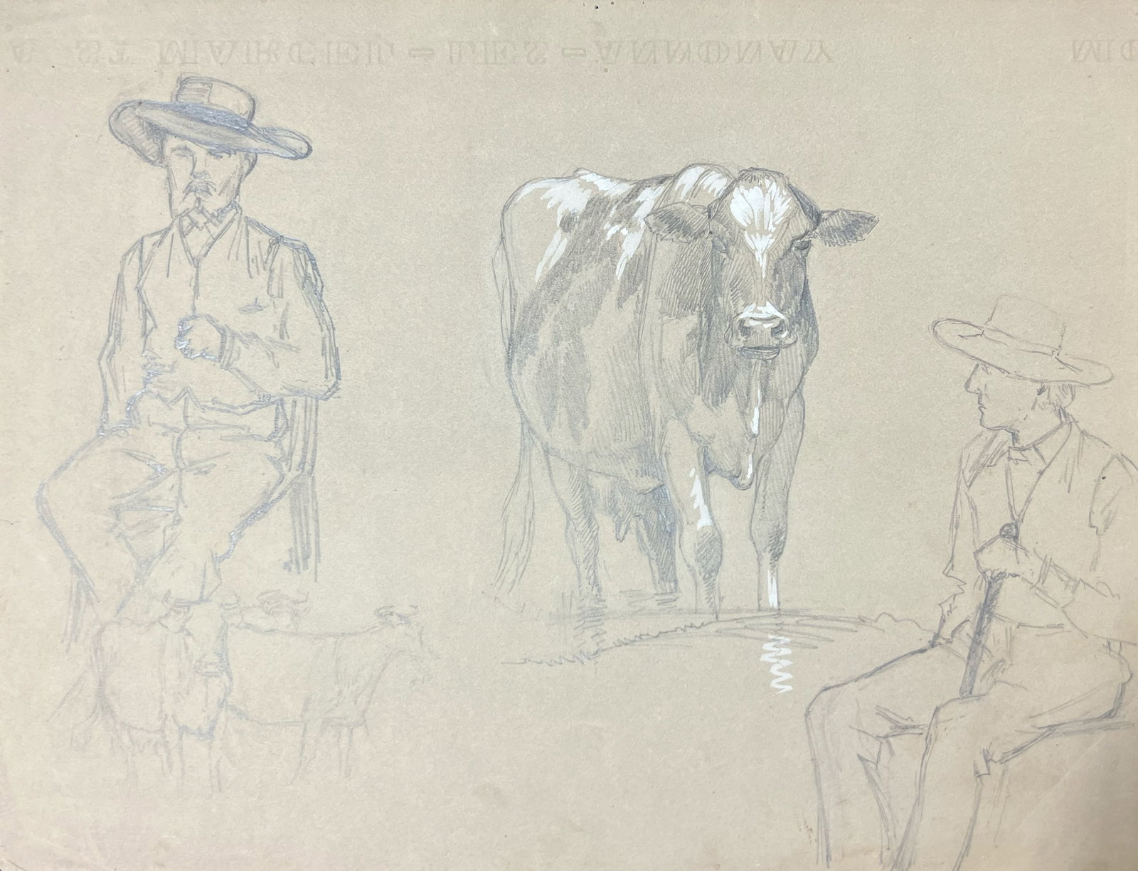 Peter Moran "Cow and Cowboy Study": c. 1880. Graphite and gouache on paper. 10 x 13 inches.