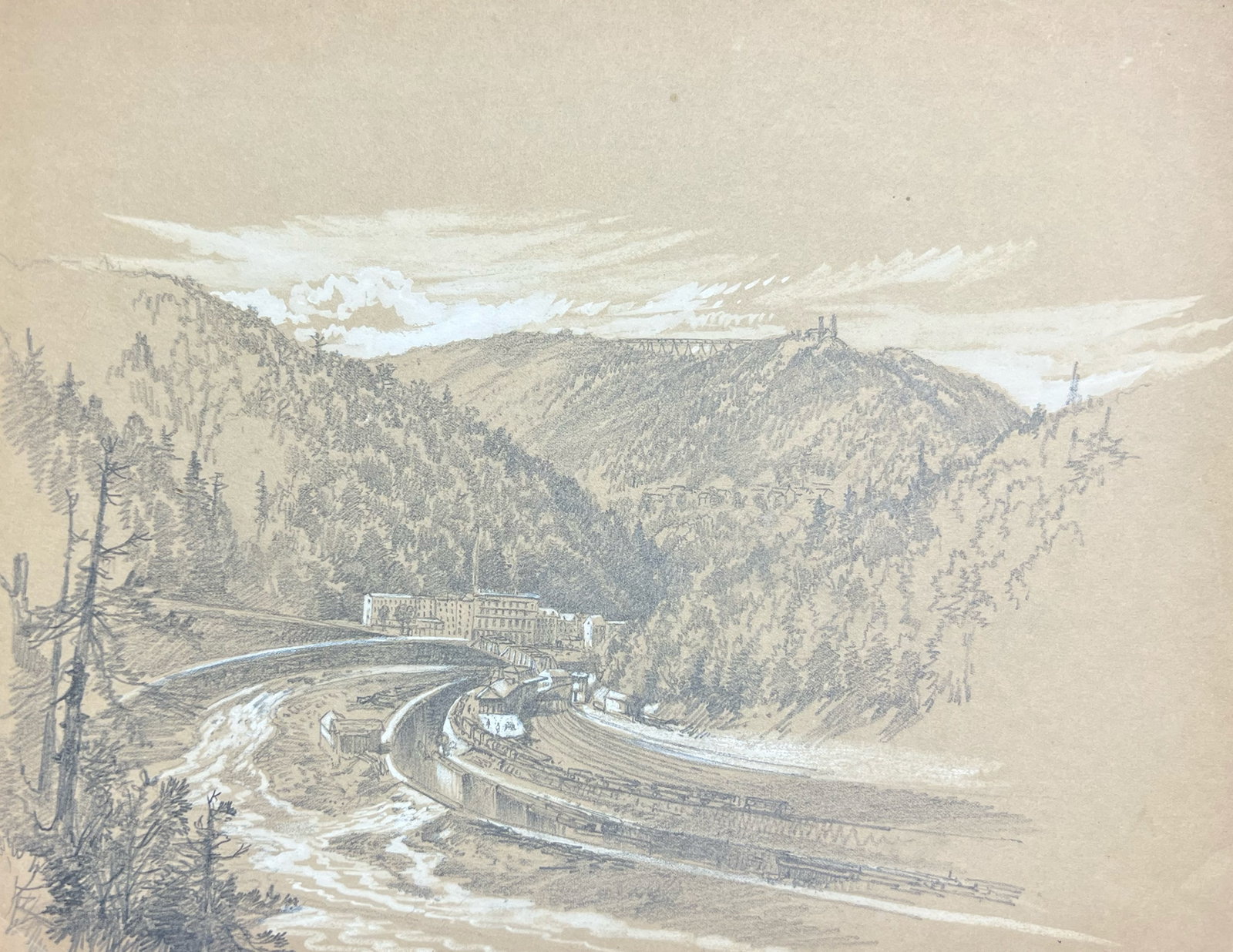 Peter Moran "Mountain Town": c. 1880. Graphite and gouache on paper. 10 x 13 inches.