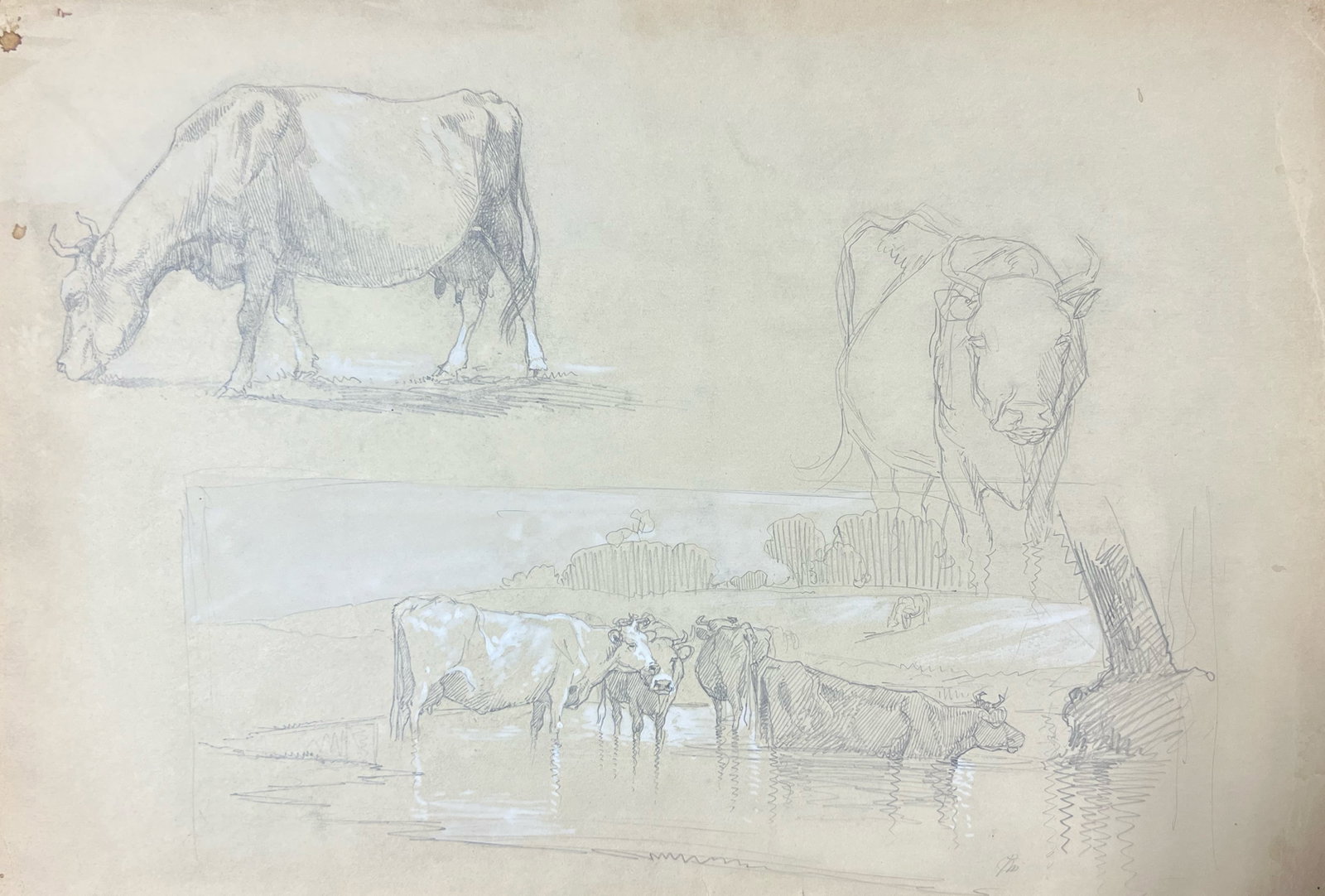 Peter Moran "Cattle Drinking": c. 1880. Graphite and gouache on paper. Initialed lower right.