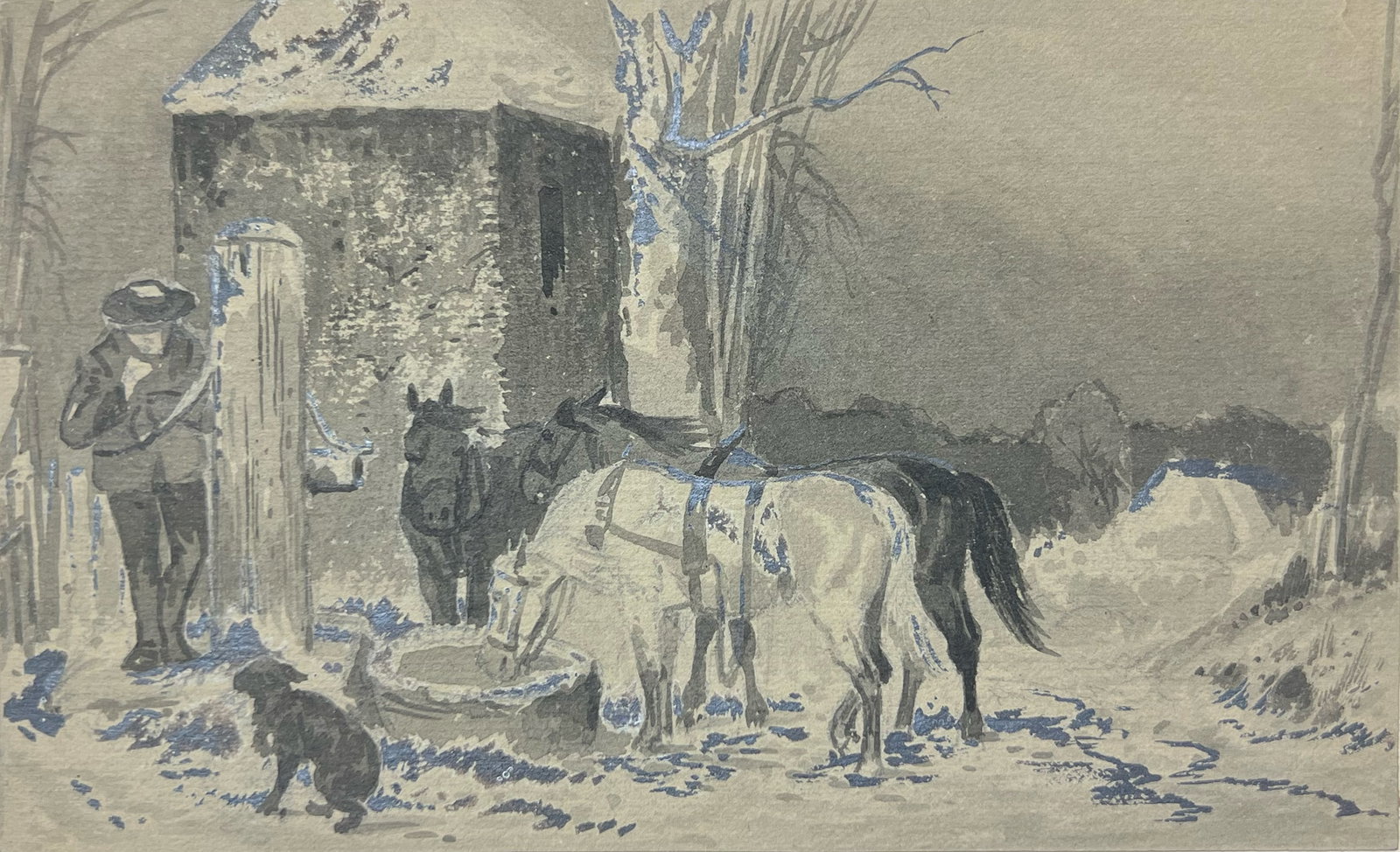 Peter Moran "Winter II": Watercolor on paper. Image: 4 x 6.5 inches. Sheet: 6 x 8.75 inches.