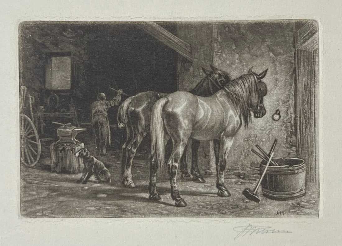 Peter Moran "The Smithy": c. 1880-1890. Mezzotint. Plate: 4 x 6.25 inches. Sheet: 11 x 14.5 inches. Signed lower right